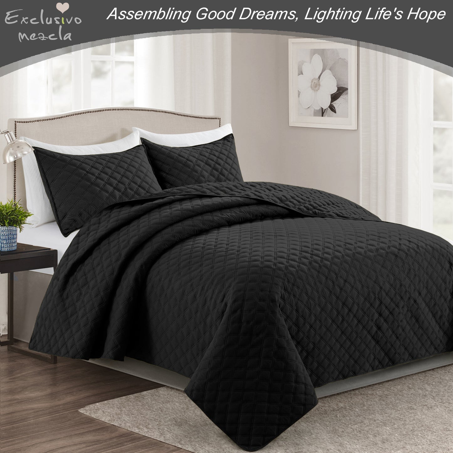 Exclusivo Mezcla 2-Piece Black Twin Size Quilt Set, Box Pattern Ultrasonic Lightweight and Soft Quilts/Bedspreads/Coverlets/Bedding Set (1 Quilt, 1 Pillow Sham) for All Seasons