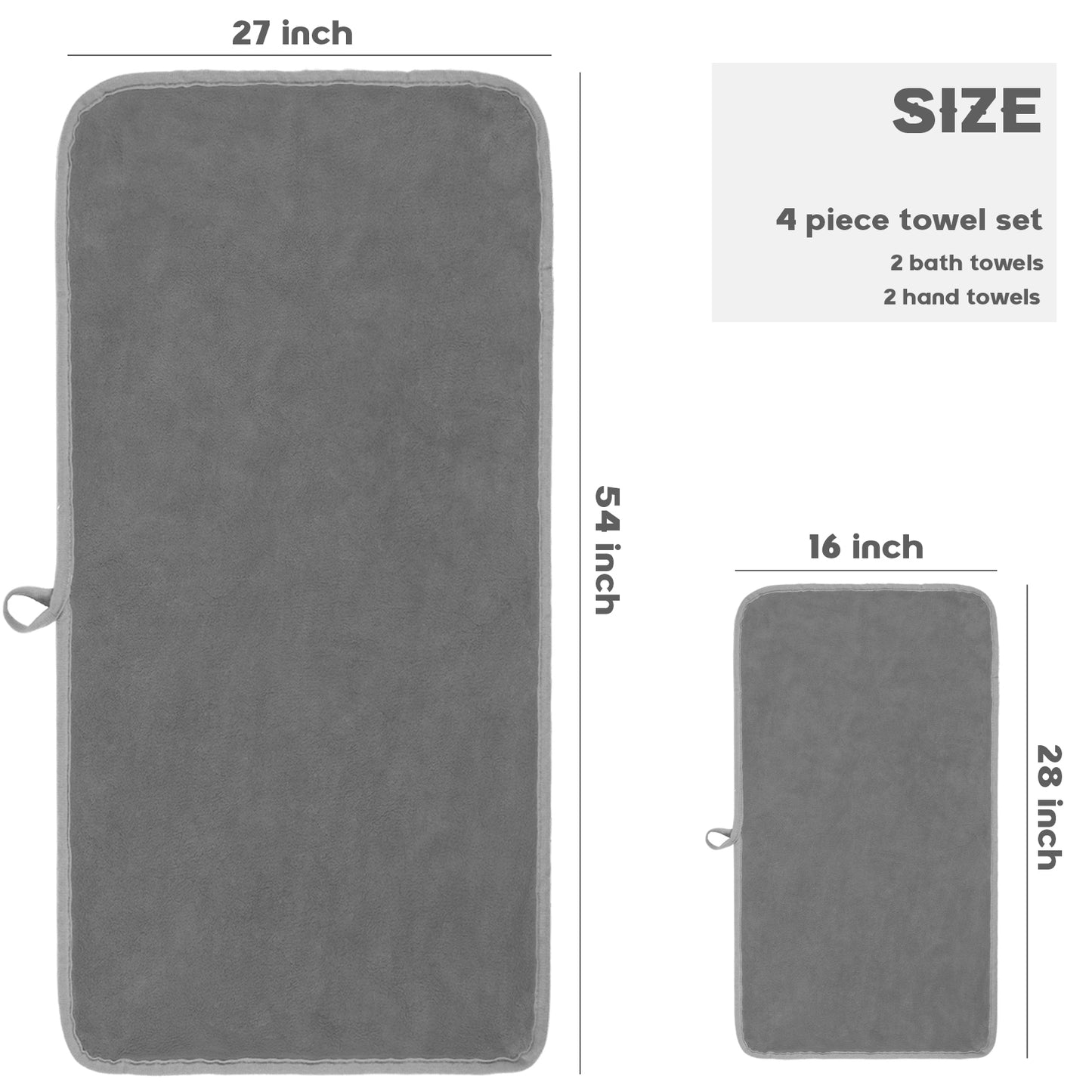 Exclusivo Mezcla 4-Piece Ultra Soft Bath Towel Set, Large Highly Absorbent Microfiber Coral Velvet Towel, Quick Drying for Body, Bathroom, Gym, Spa, 2 Bath Towels, 2 Hand Towels, Grey