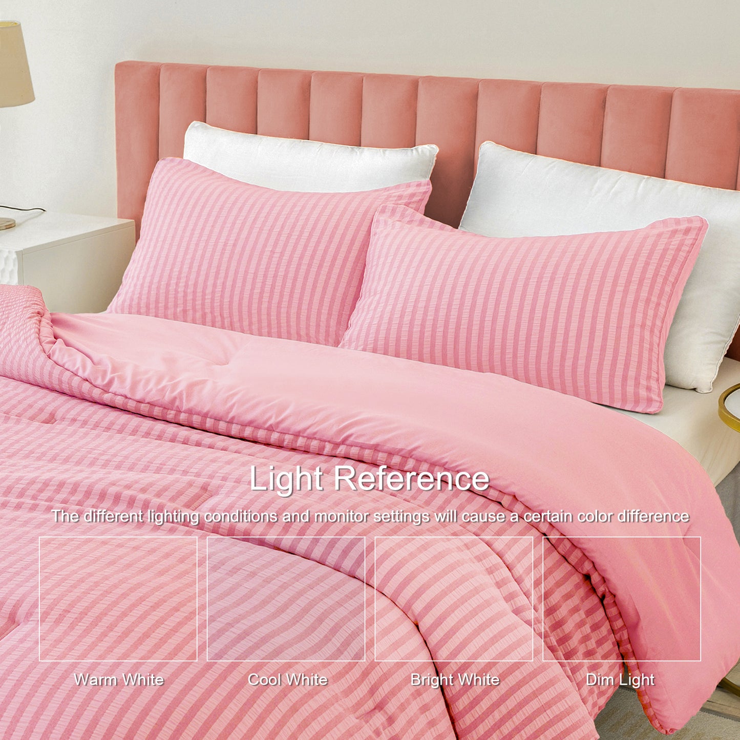 Exclusivo Mezcla 3-Piece Seersucker King Comforter Set Pink, Lightweight Soft Striped Pattern All Season Bedding Comforter sets with 2 Pillow Shams