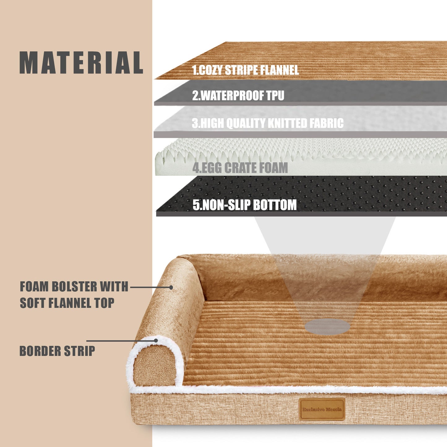 Exclusivo Mezcla Orthopedic Pet Bed for Medium Dogs, 36"X24" Waterproof L Shaped Sofa Dog Bed, Brown