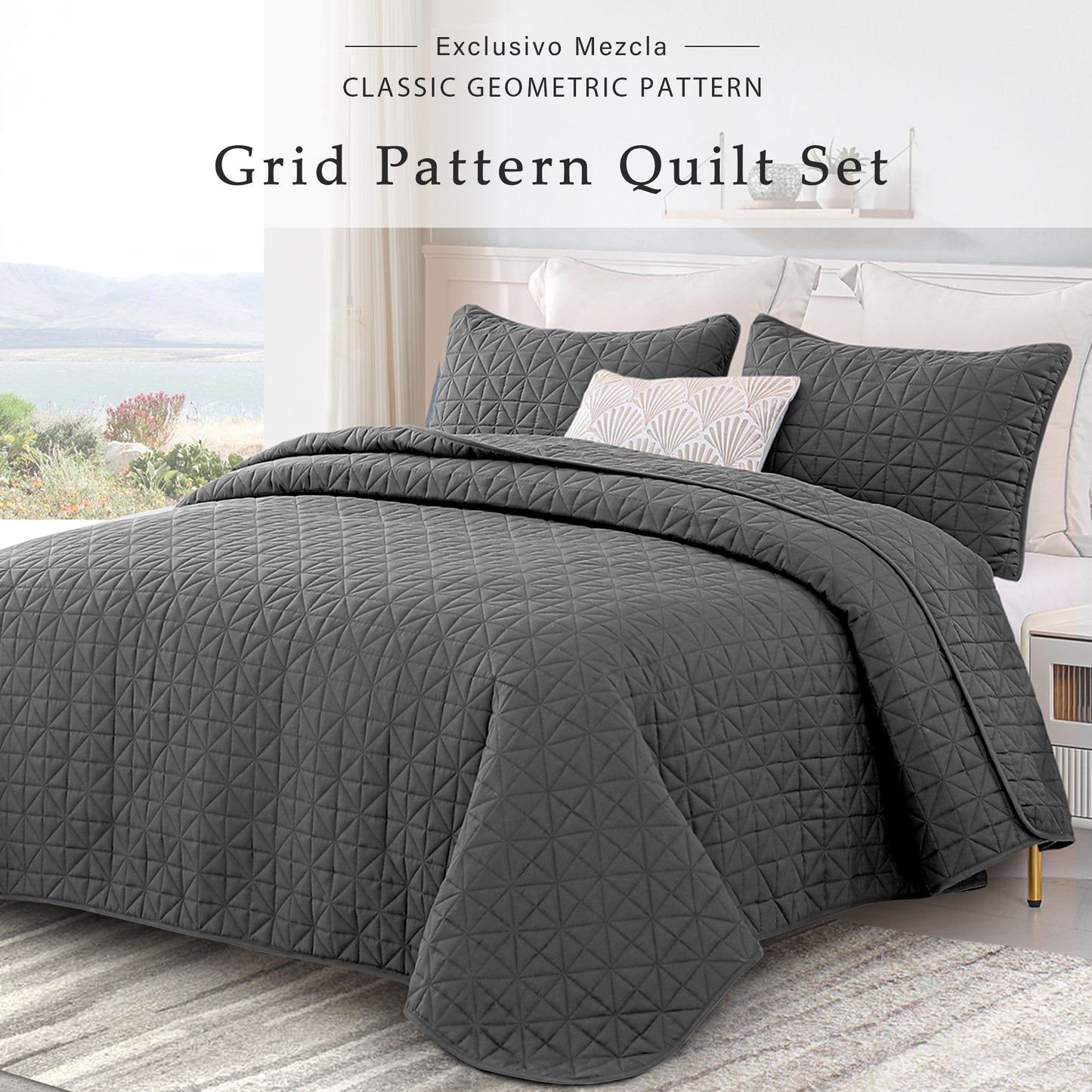 Exclusivo Mezcla Twin Quilt Bedding Set for All Seasons, Lightweight Soft Grey Quilts Twin Size Bedspreads Coverlets Bed Cover with Geometric Stitched Pattern, (1 Quilt, 1 Pillow Sham)