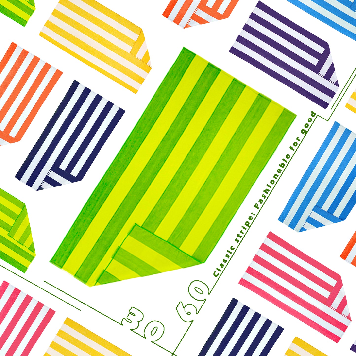 Exclusivo Mezcla Microfiber Cabana Striped Large Beach Towel for Adults (Green, 30" x 60")-Soft, Quick Dry, Absorbent, and Plush