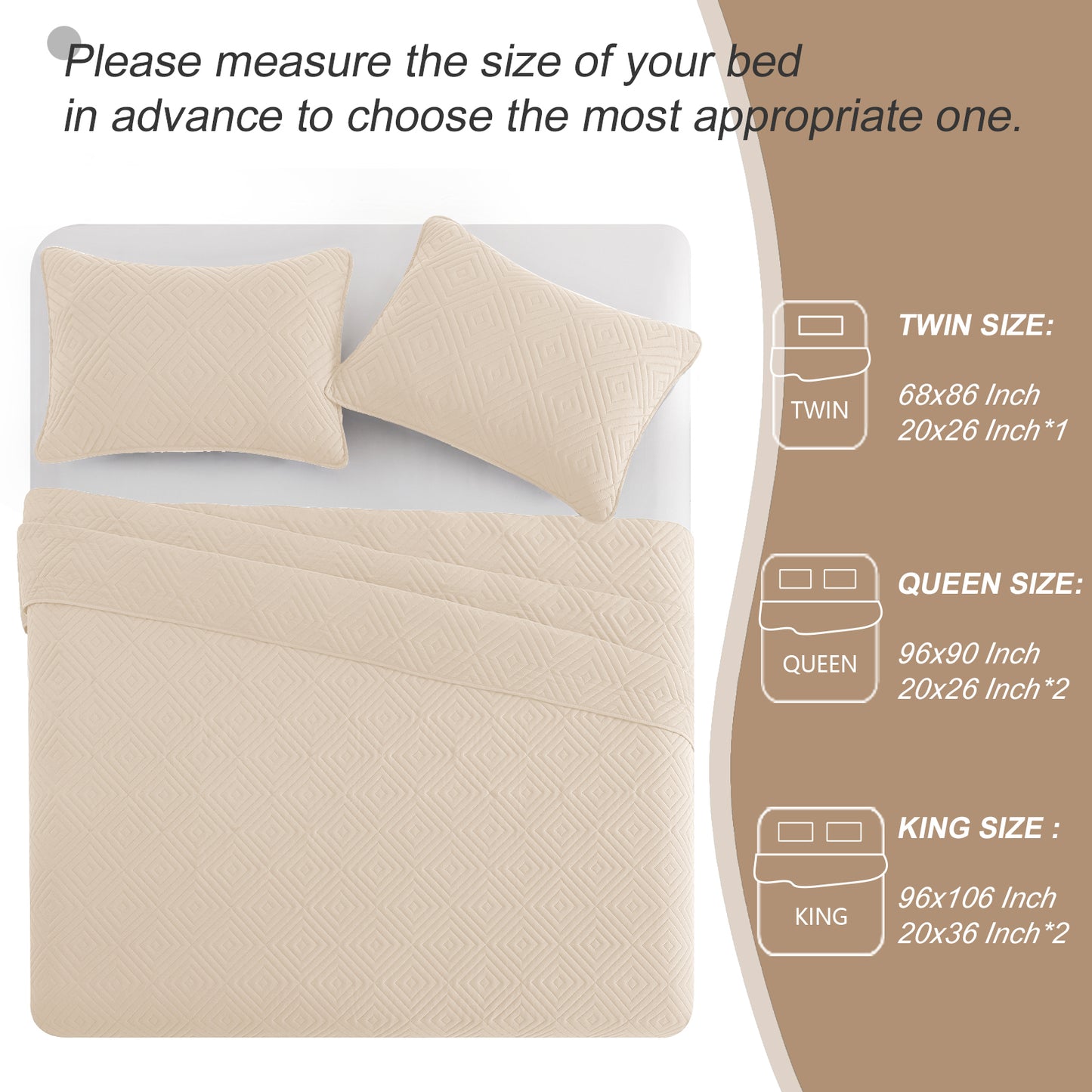 Exclusivo Mezcla 3-Piece Bone King Size Quilt Set, Square Pattern Ultrasonic Lightweight and Soft Quilts/Bedspreads/Coverlets/Bedding Set (1 Quilt, 2 Pillow Shams) for All Seasons
