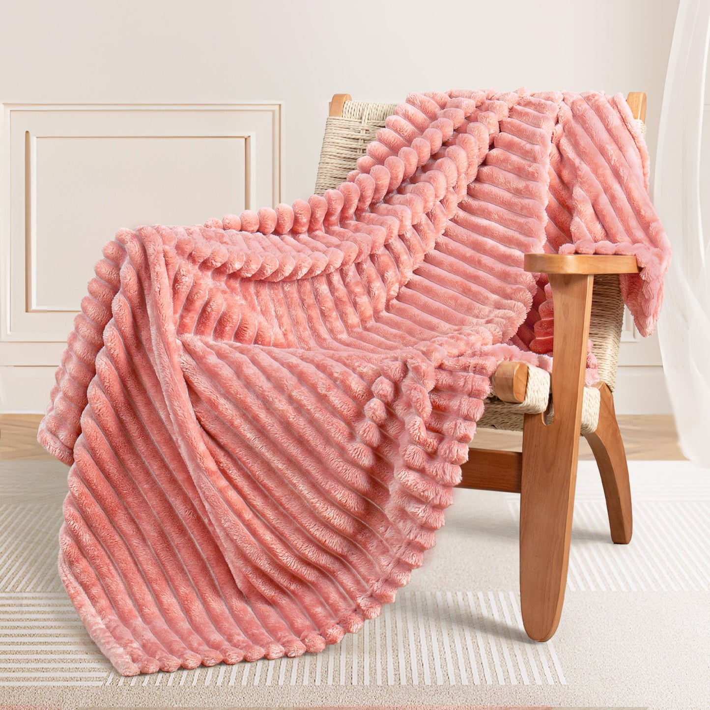 Exclusivo Mezcla King Size Flannel Fleece Blanket, Super Soft 3D Striped Jacquard Bed Blanket, Lightweight Fuzzy Cozy Blankets for All Seasons, 90x104 Inches, Pink Blanket