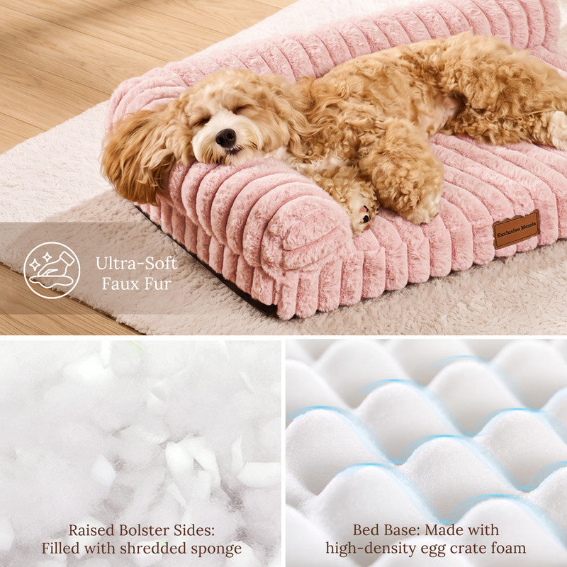 Exclusivo Mezcla L-Shaped Couch Washable Orthopedic Pet Bed 36"x24", Fluffy Sleeping Couch Pet Bed for Medium Dog, Pink
