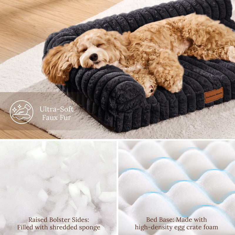Exclusivo Mezcla L-Shaped Couch Washable Orthopedic Pet Bed 42"x28", Fluffy Sleeping Couch Pet Bed for Large Dog, Black