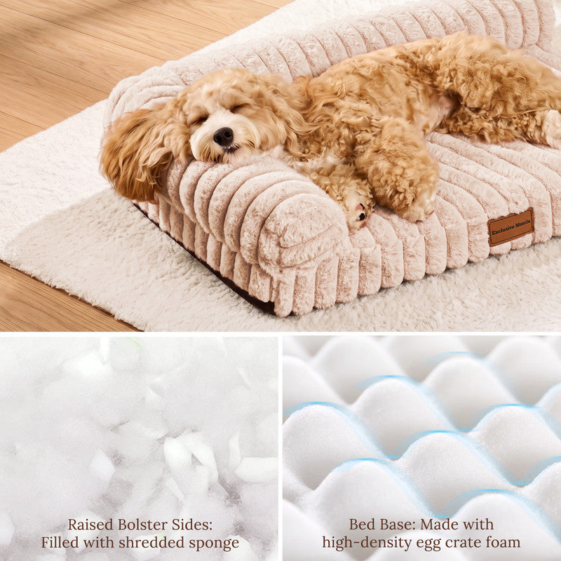Exclusivo Mezcla L-Shaped Couch Washable Orthopedic Pet Bed 42"x28", Fluffy Sleeping Couch Pet Bed for Large Dog, Beige