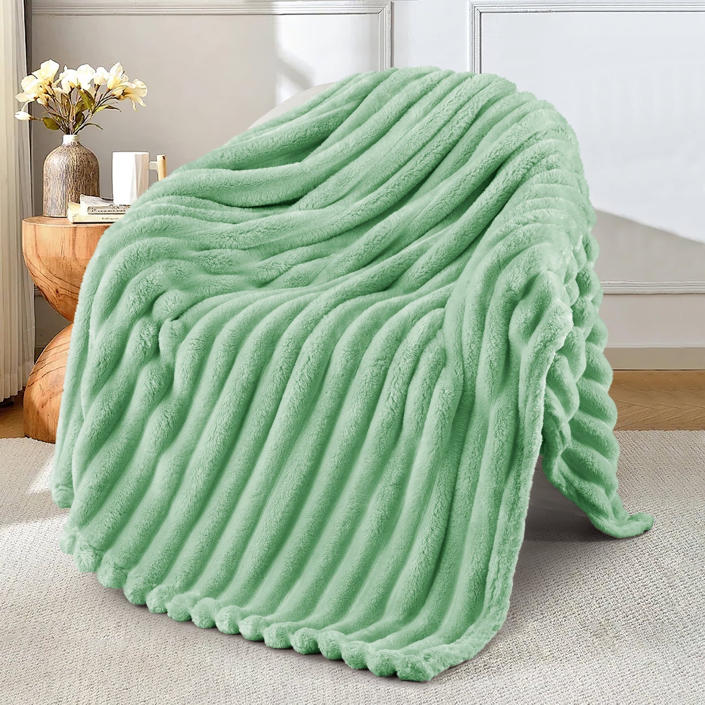 Exclusivo Mezcla Fleece Throw Blanket for Couch, Super Soft 3D Striped Jacquard Blanket, Lightweight Fuzzy Cozy Blankets, Sage Green, 50"x60"