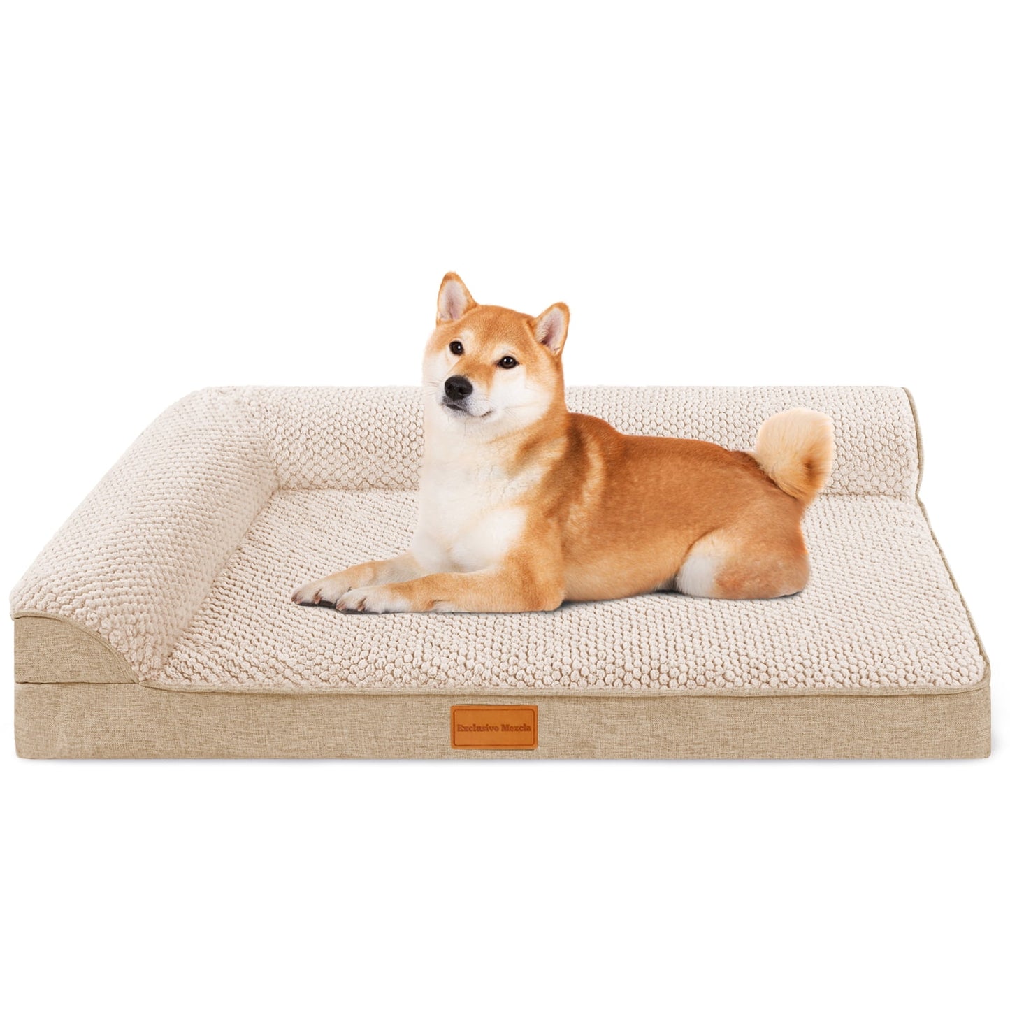 Exclusivo Mezcla Jacquard Orthopedic Pet Bed for Median Dogs, 30"X20" Waterproof L Shaped Dog Bed with Washable Cover, Ivory