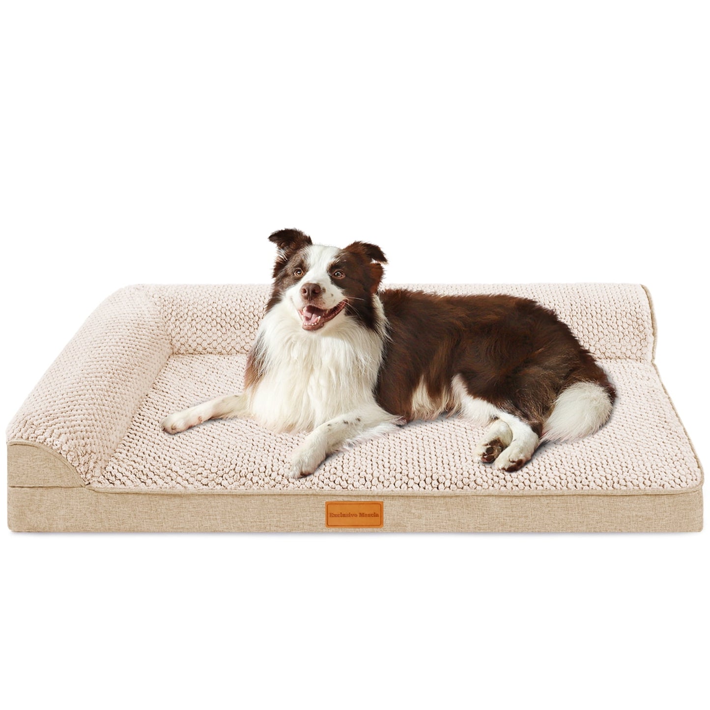 Exclusivo Mezcla Jacquard Orthopedic Pet Bed for Median Dogs, 36"X24" Waterproof L Shaped Dog Bed with Washable Cover, Ivory
