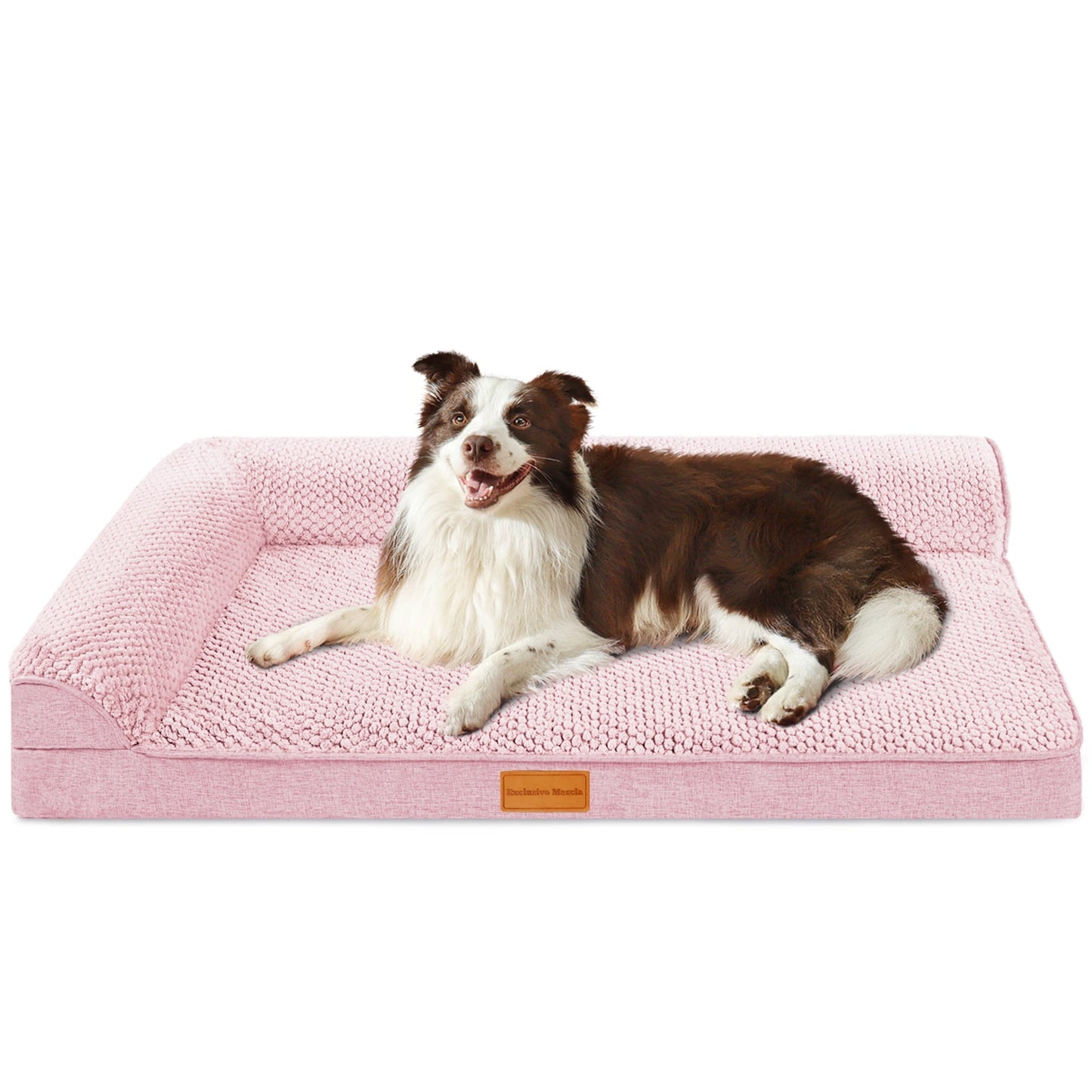 Exclusivo Mezcla Jacquard Orthopedic Pet Bed for Median Dogs, 36"X24" Waterproof L Shaped Dog Bed with Washable Cover, Pink