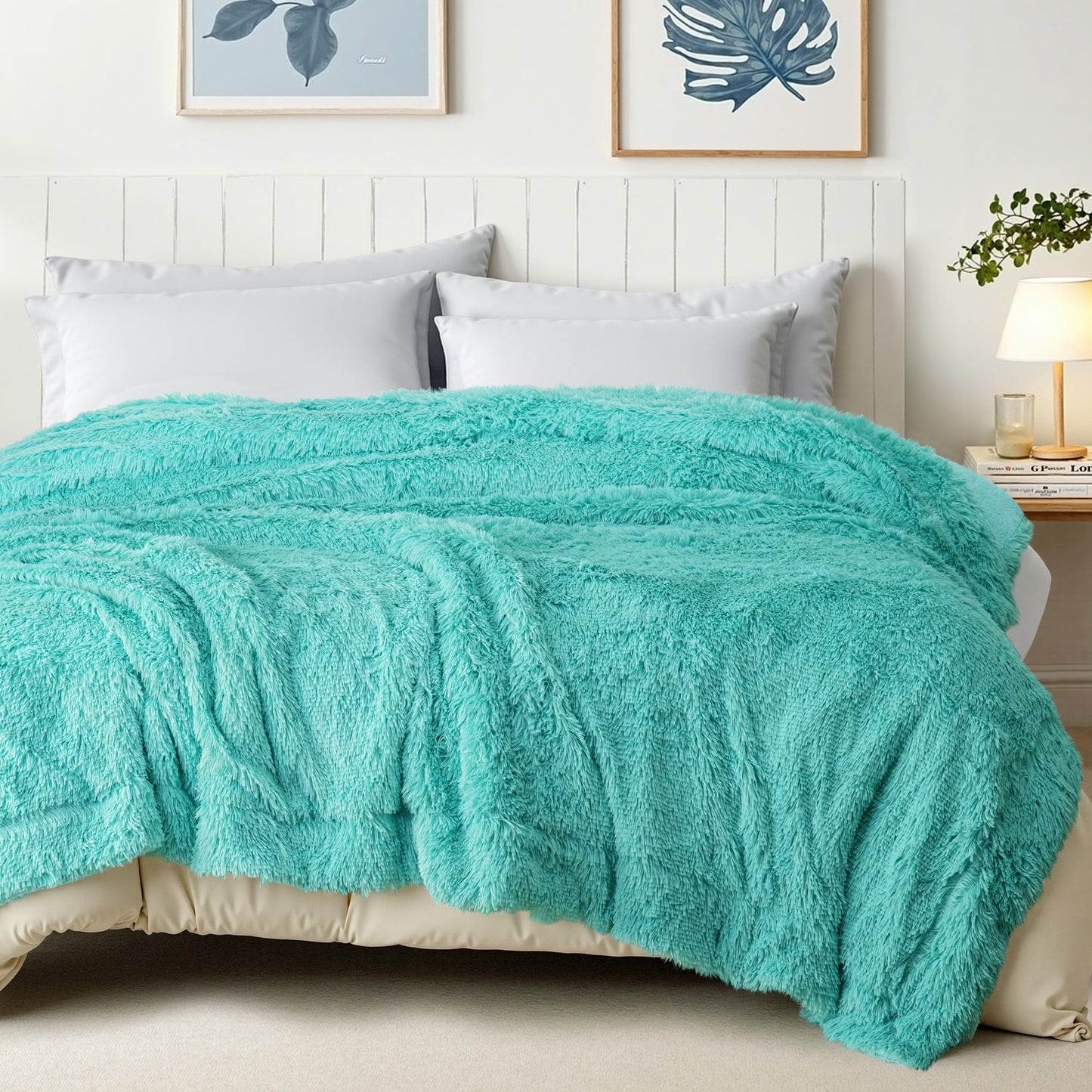 Exclusivo Mezcla Fuzzy Faux Fur Bed Blanket Queen Size, Reversible Shaggy Sherpa Fleece Blankets,Fluffy Plush Warm Throws for Couch, Bed, 90X90 Inches, Teal