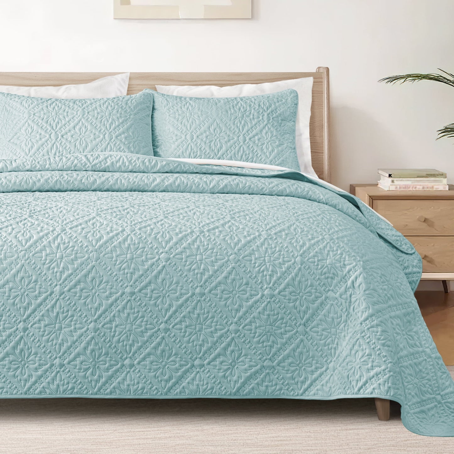 Exclusivo Mezcla Twin Quilt Bedding Set, Lightweight Soft Bedspreads Coverlets with 1 Pillow Sham, Modern Aqua Blue Quilts Twin XL Size for All Seasons