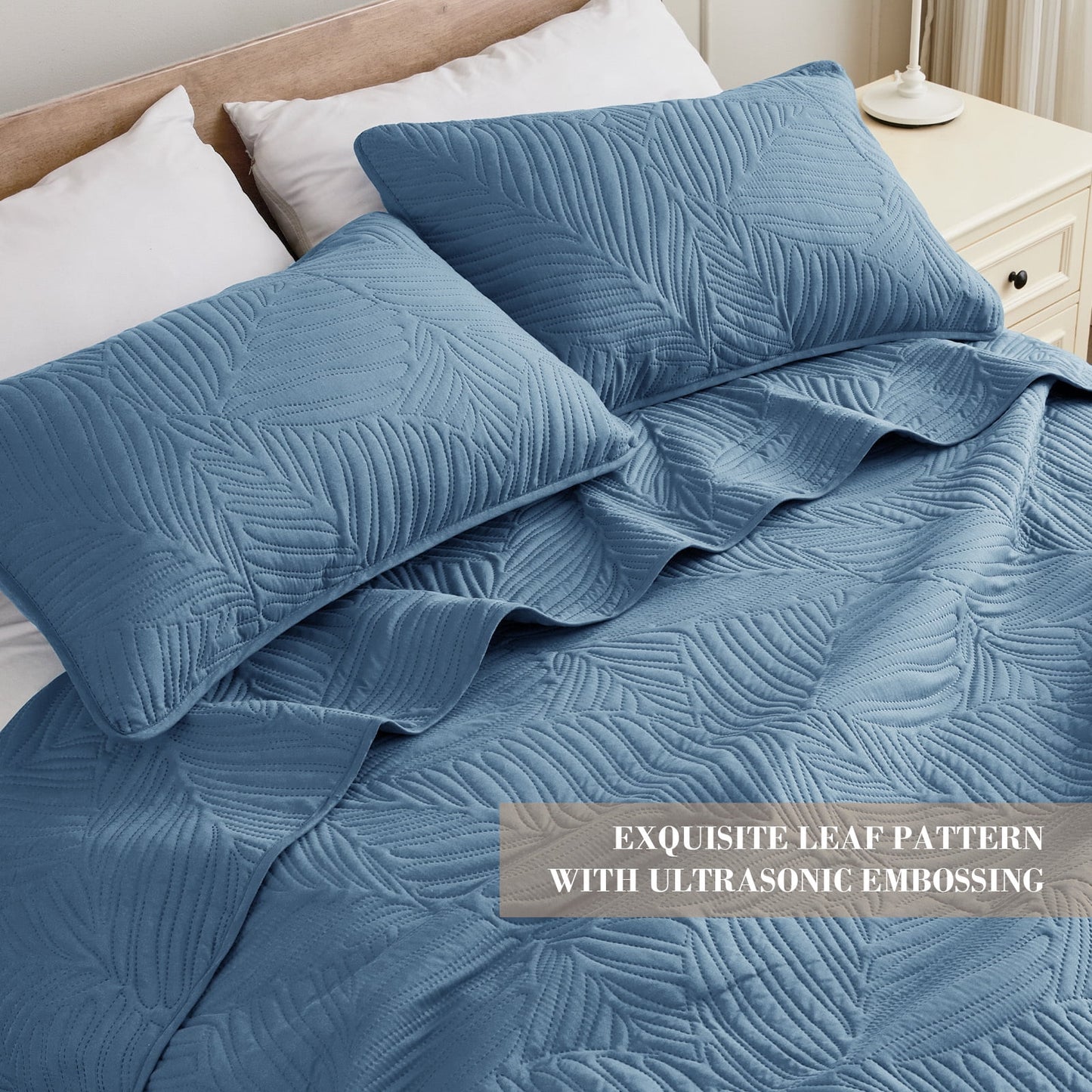 Exclusivo Mezcla Ultrasonic Twin Size Quilt Set Bluish Grey, 2 Pieces Lightweight Bedspread Leaf Pattern Bed Cover Soft Microfiber Coverlet Bedding Set for All Seasons