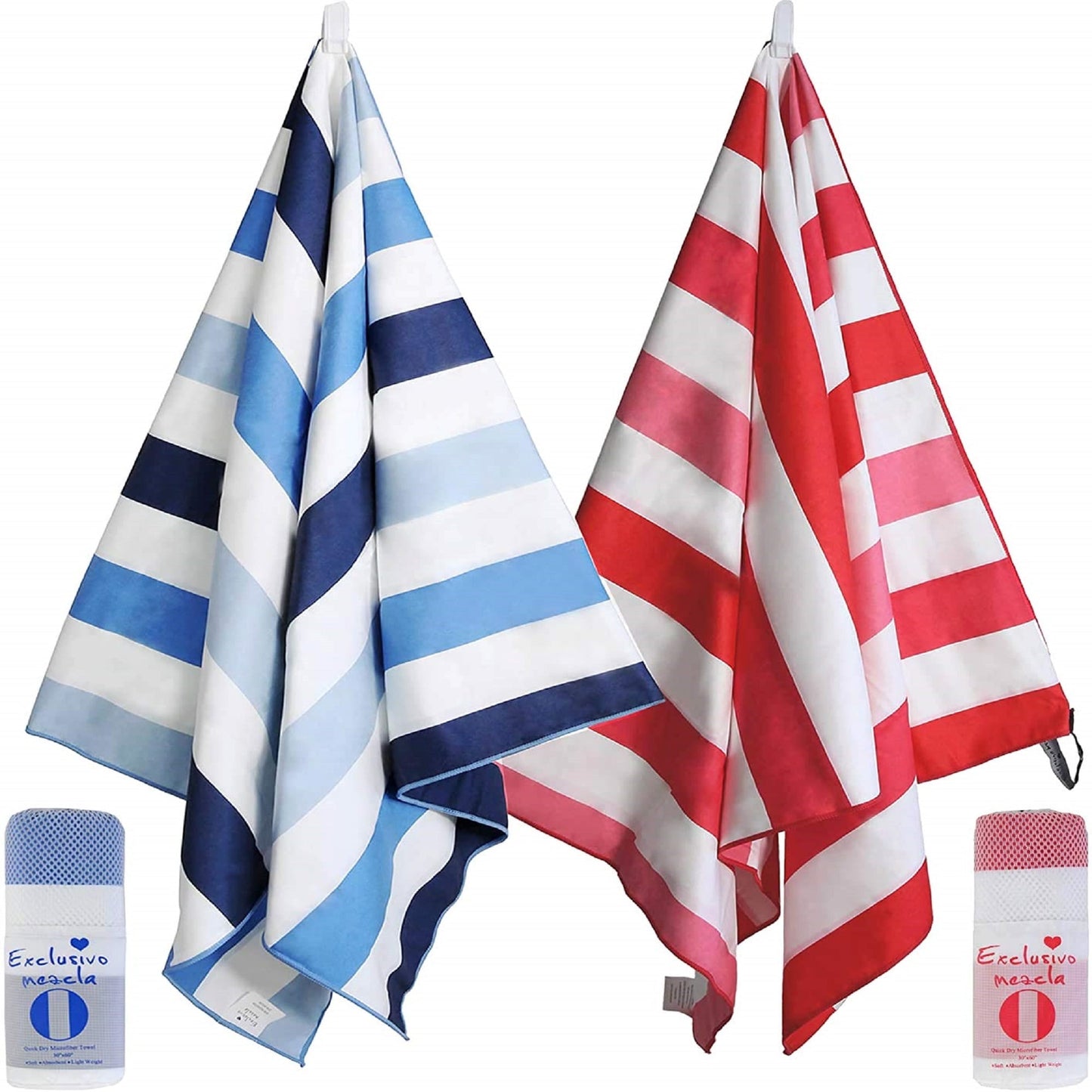 Exclusivo Mezcla 2-Pack Microfiber Quick Dry Beach Towel, Large Sand Free Beach Towel for Travel/ Camping/ Sports (Blue and Red, 30"X60") - Super Absorbent, compact and Lightweight