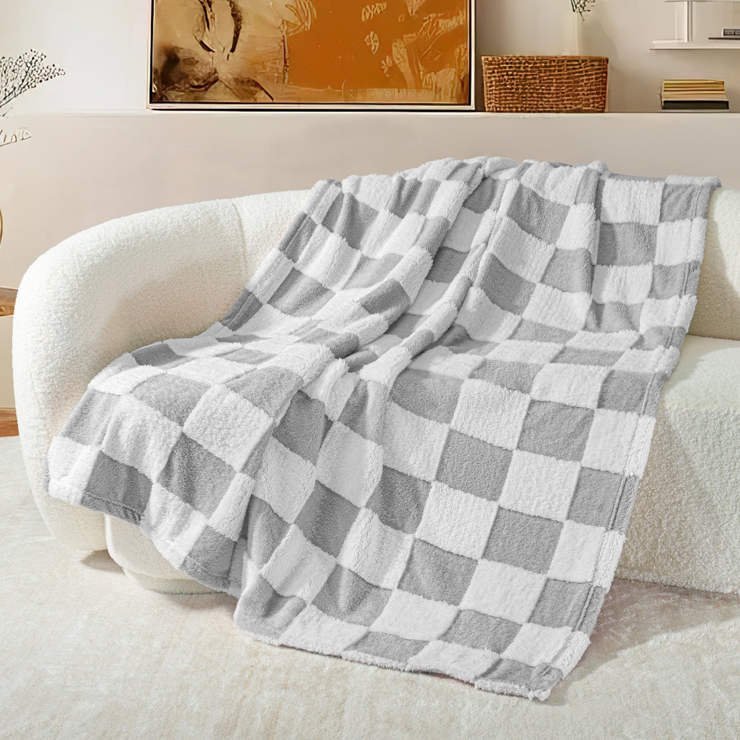 Exclusivo Mezcla Checkered Throw Blanket, Super Soft and Warm Fluffy Fleece Blanket for Couch, Sofa, Bed, Cute Plaid Pattern, Light Grey, 50" x 60"