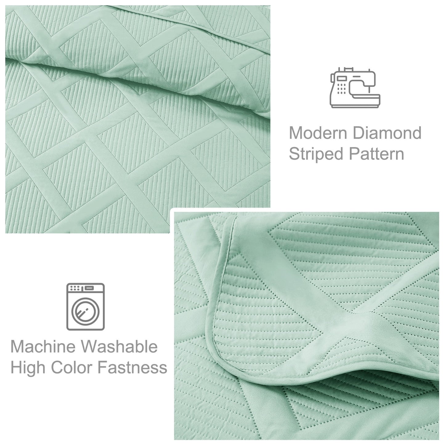 Exclusivo Mezcla Ultrasonic California King Quilt Set, 3-Piece Lightweight Bedspreads Modern Striped Coverlet, Mint Green