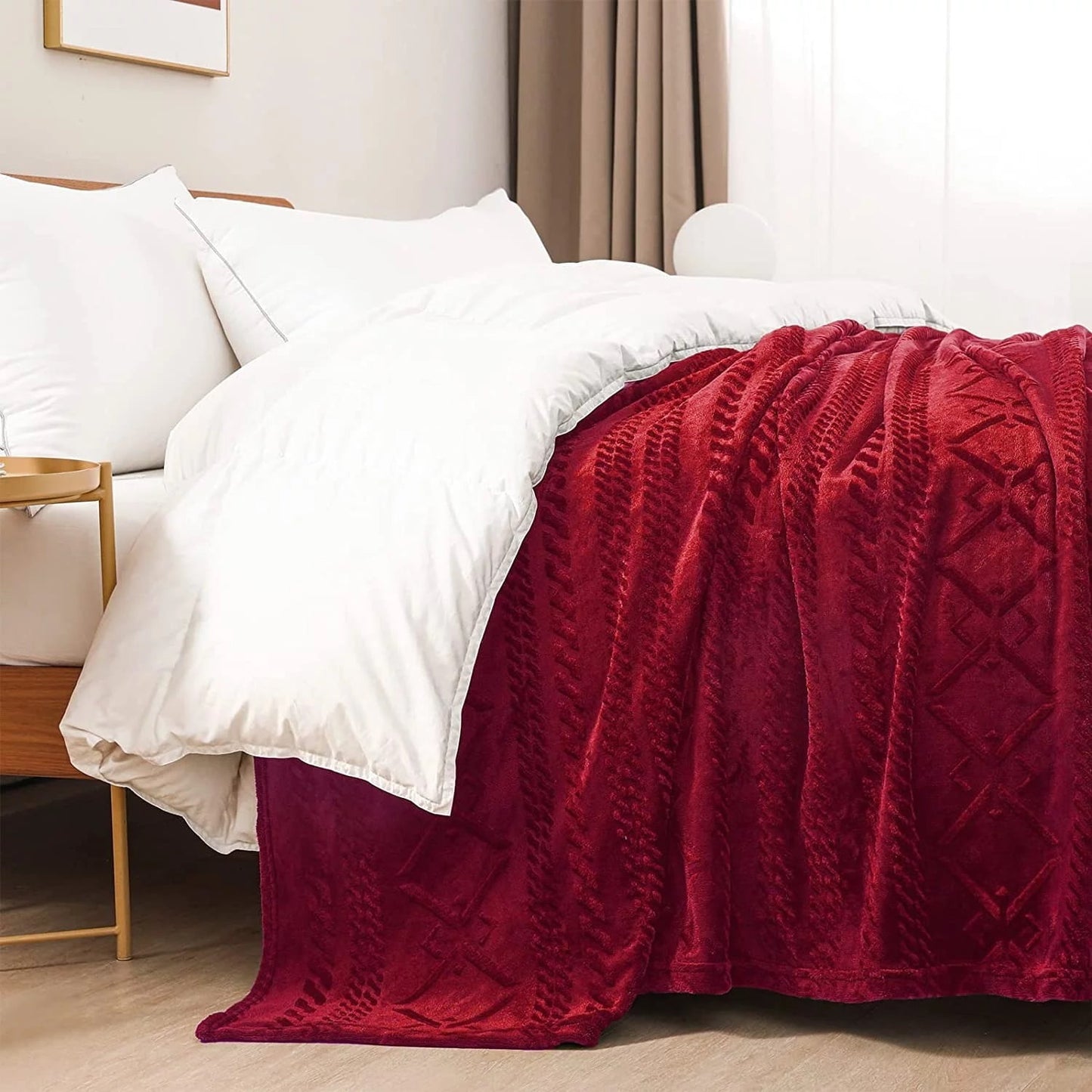 Exclusivo Mezcla Queen Size Soft Bed Blanket, Warm Fuzzy Luxury Bed Blankets, Decorative Geometry Pattern Plush Throw Blanket for Bed, 90x90 Inches, Red