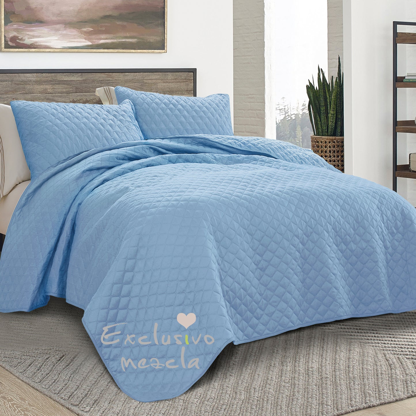 Exclusivo Mezcla Ultrasonic Reversible Full Queen Quilt Bedding Set with Pillow Shams, Lightweight Quilts Queen Size, Soft Bedspreads Bed Coverlets for All Seasons - (Sky Blue, 90"x96")