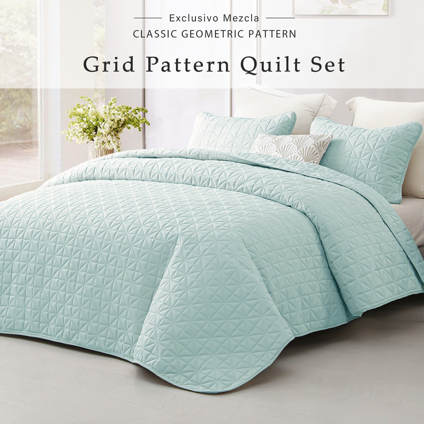 Exclusivo Mezcla Twin Quilt Bedding Set for All Seasons, Lightweight Soft Spa Blue Quilts Twin Size Bedspreads Coverlets Bed Cover with Geometric Stitched Pattern, (1 Quilt, 1 Pillow Sham)