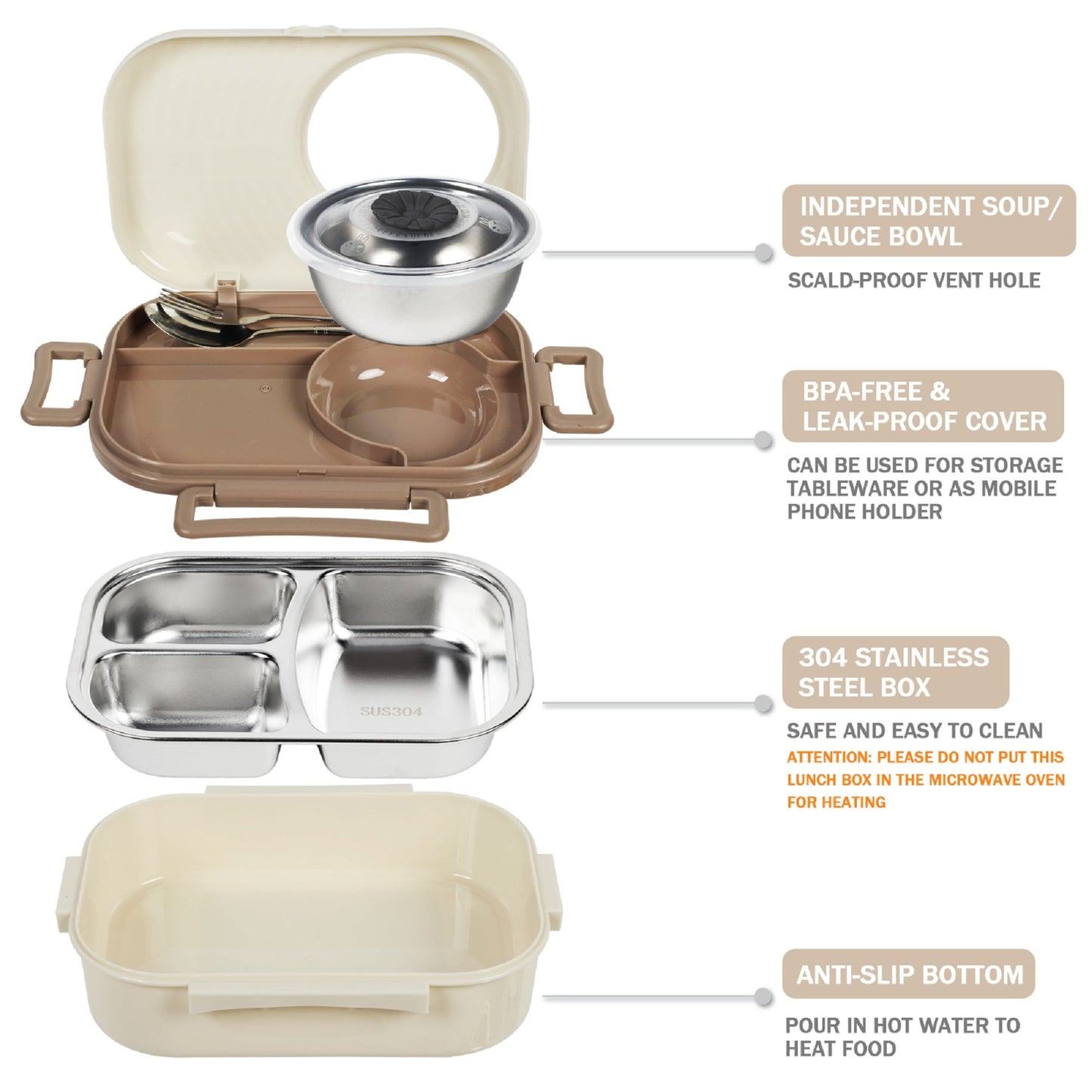 Exclusivo Mezcla Stainless Steel Bento Lunch Box for Kids and Adults,Stackable BPA-Free Food Containers with 3 Compartments and Reusable Sauce Bowl, Fork and Spoon, (1000ml/34oz, Cream)