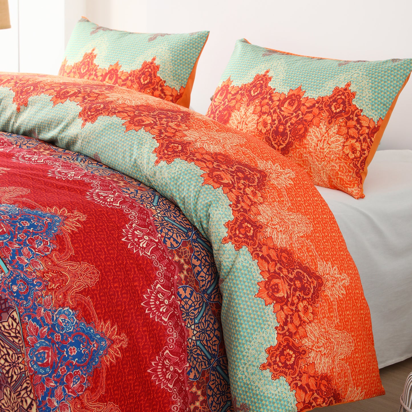 Exclusivo Mezcla Boho Bedding Duvet Cover Set, 3 Pieces Lightweight Comforter Cover with Pillow Shams (Twin Size,Orange and Blue)