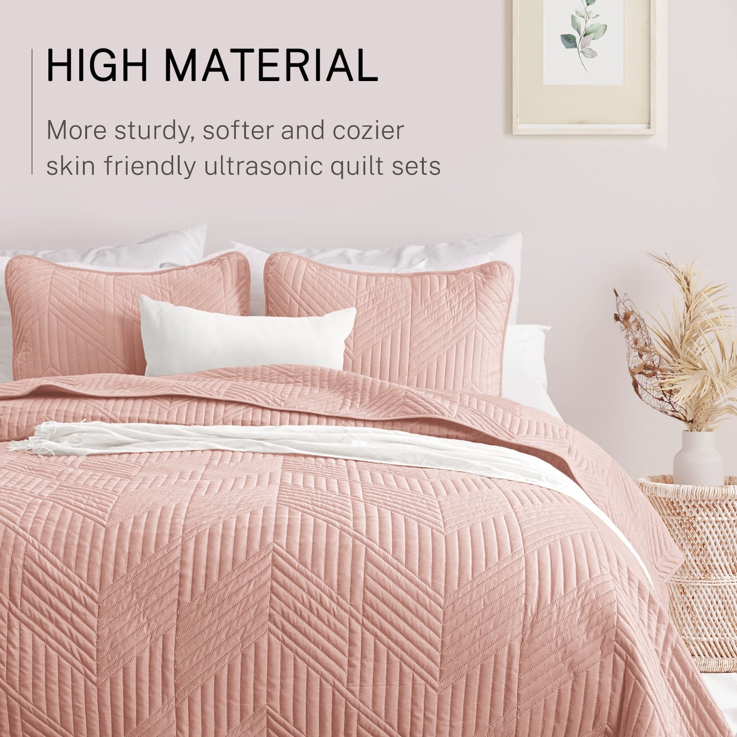 Exclusivo Mezcla Ultrasonic Twin Quilt Bedding Set, Lightweight Blush Pink Bedspreads Soft Modern Geometric Coverlet Set for All Seasons (1 Quilt and 1 Pillow Sham)
