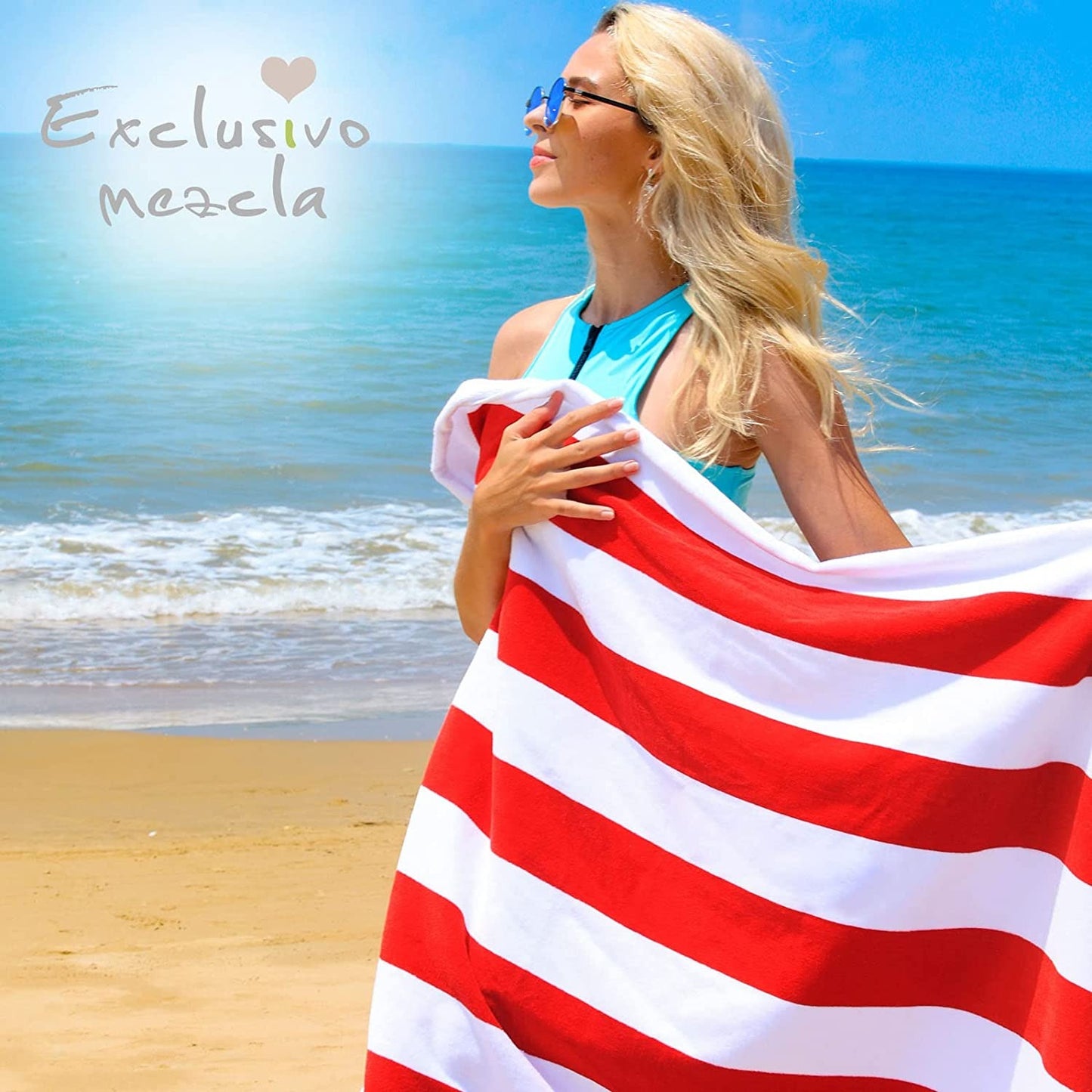 Exclusivo Mezcla Cotton Oversized 35"x70" Cabana Stripe Beach Towel, Super Absorbent Soft Plush Pool Towel, Bath Towel (Red)