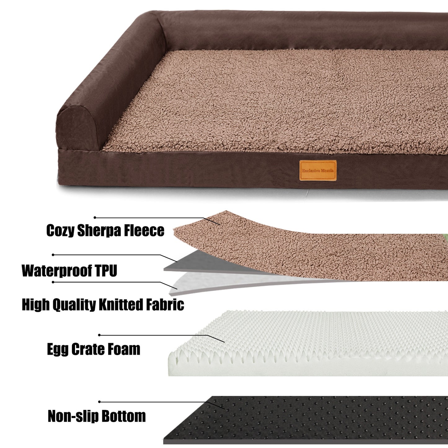Exclusivo Mezcla Orthopedic XL Dog Bed for Large Dogs 42''X28'', L Shaped with Removable Washable Cover, Waterproof Supportive Foam Pet Couch Bed Mat, Brown