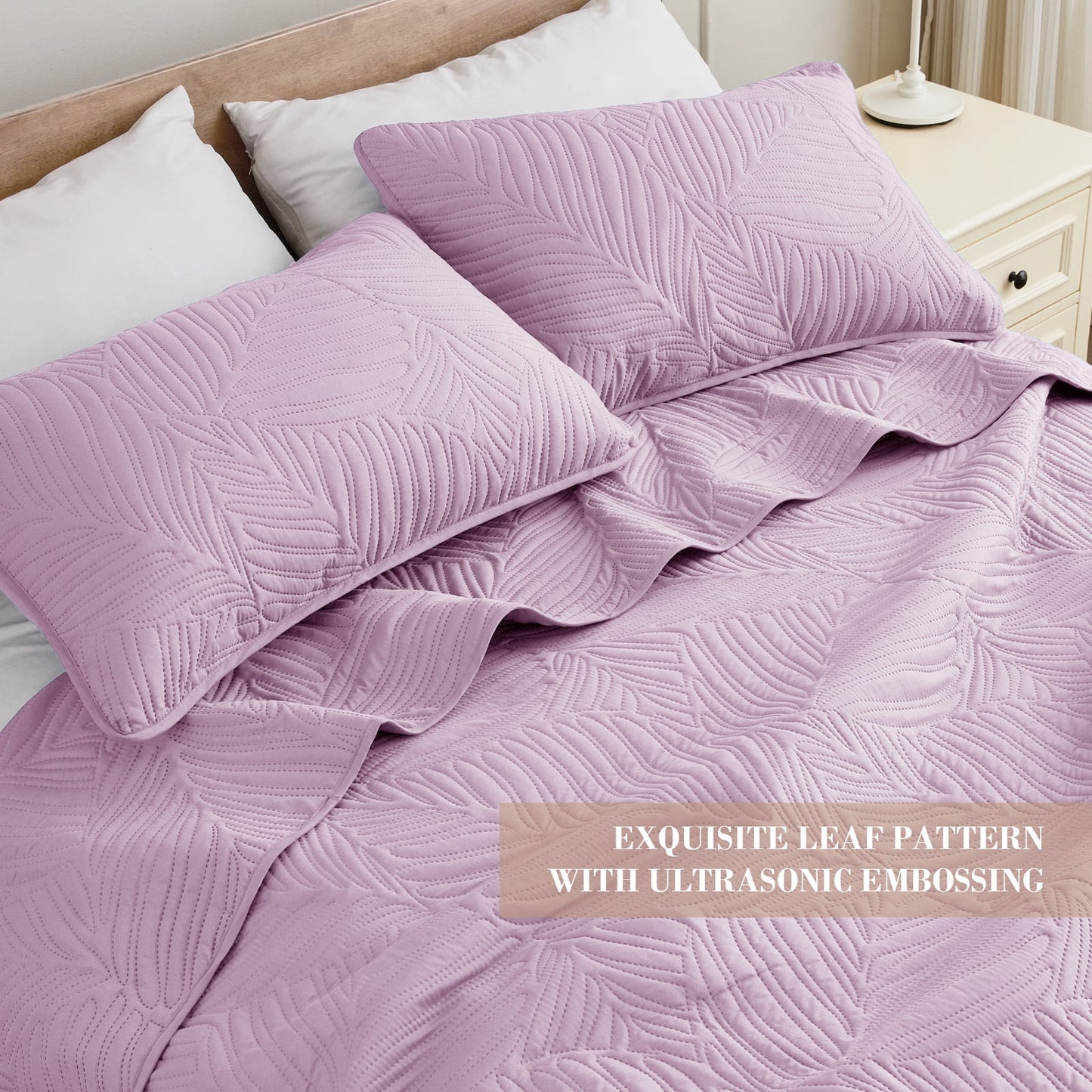 Exclusivo Mezcla Ultrasonic Twin Size Quilt Set Lilac, 2 Pieces Lightweight Bedspread Leaf Pattern Bed Cover Soft Microfiber Coverlet Bedding Set for All Seasons