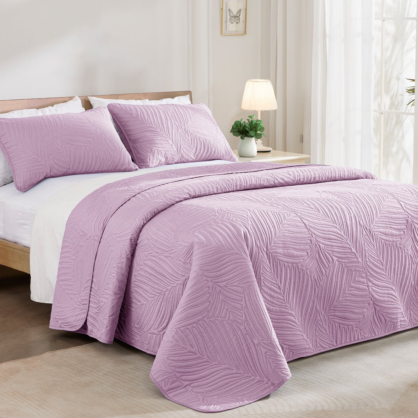 Exclusivo Mezcla Ultrasonic Twin Size Quilt Set Lilac, 2 Pieces Lightweight Bedspread Leaf Pattern Bed Cover Soft Microfiber Coverlet Bedding Set for All Seasons