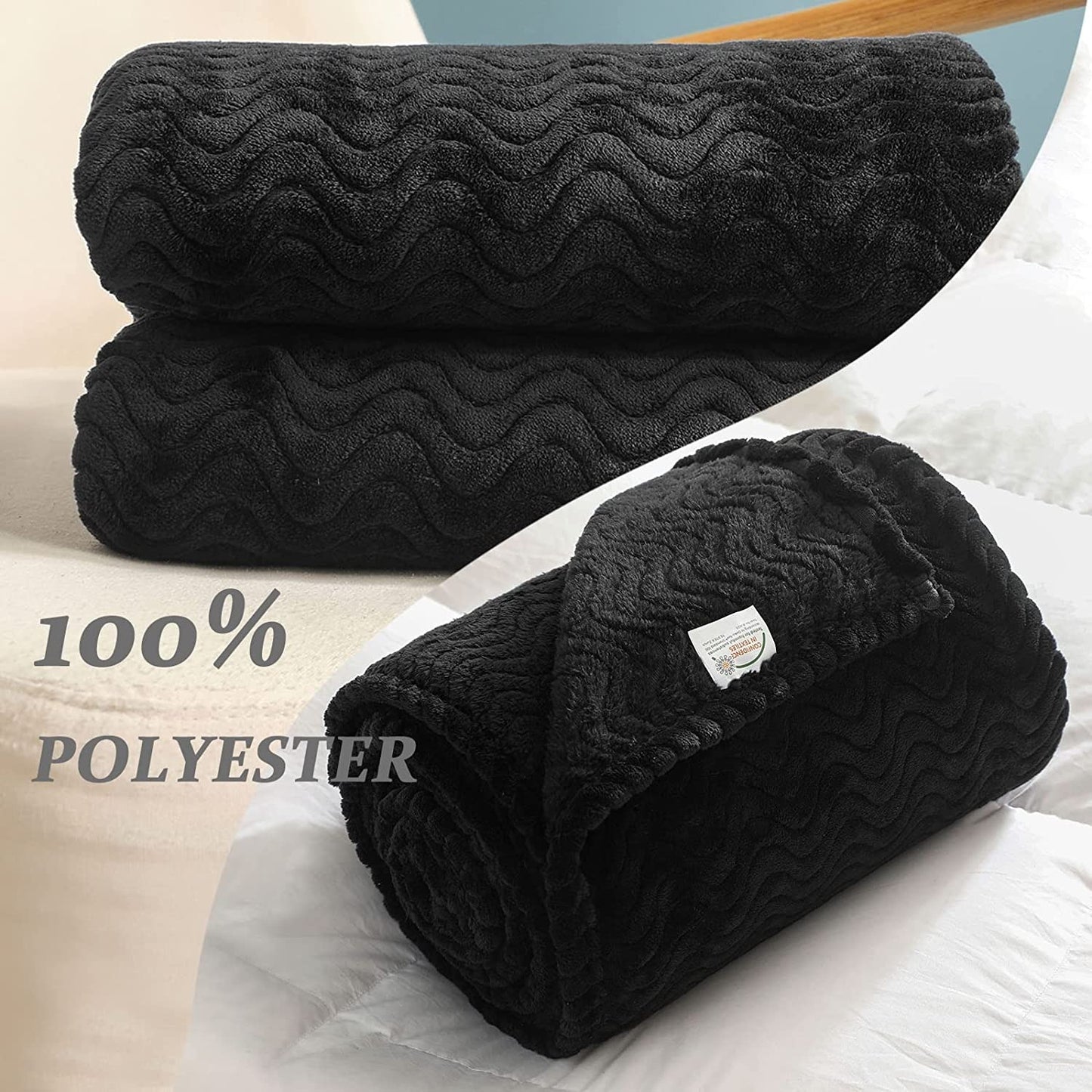 Exclusivo Mezcla Large Flannel Fleece Throw Blanket, Jacquard Weave Wave Pattern (50" x 70", Black) - Soft, Warm, Lightweight and Decorative