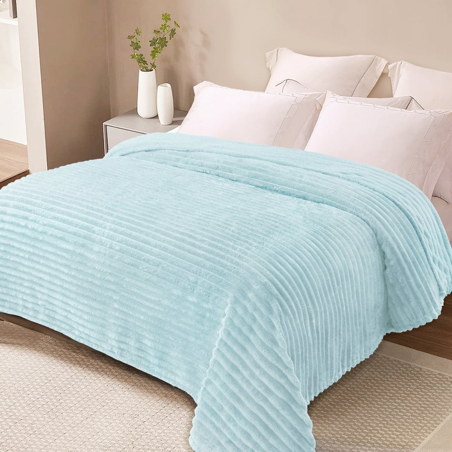 Exclusivo Mezcla King Size Flannel Fleece Blanket, Super Soft 3D Striped Jacquard Bed Blanket, Lightweight Fuzzy Cozy Blankets for All Seasons, 90x104 Inches, Light Blue Blanket
