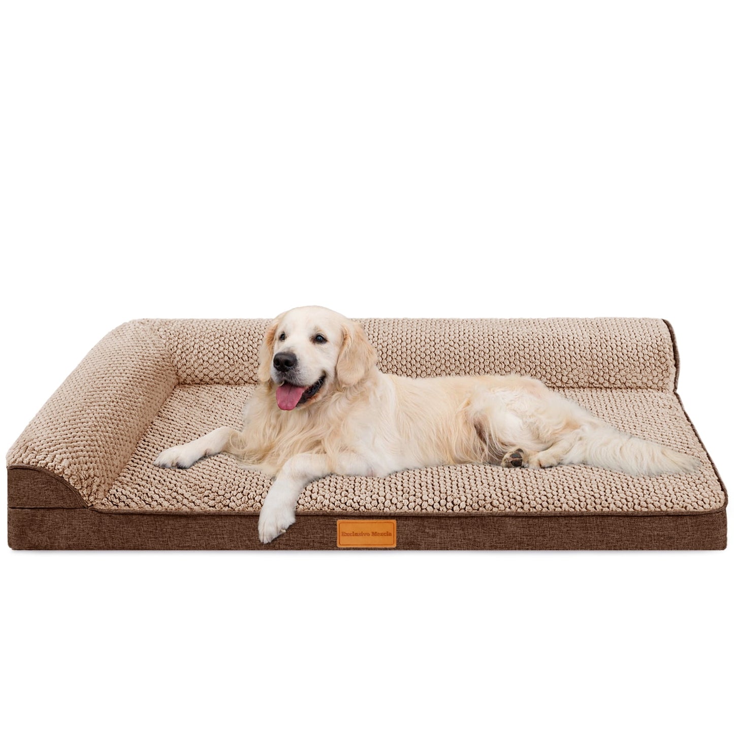 Exclusivo Mezcla Jacquard Orthopedic Pet Bed for Extra Large Dogs, 48"X30" Waterproof L Shaped Dog Bed with Washable Cover, Brown
