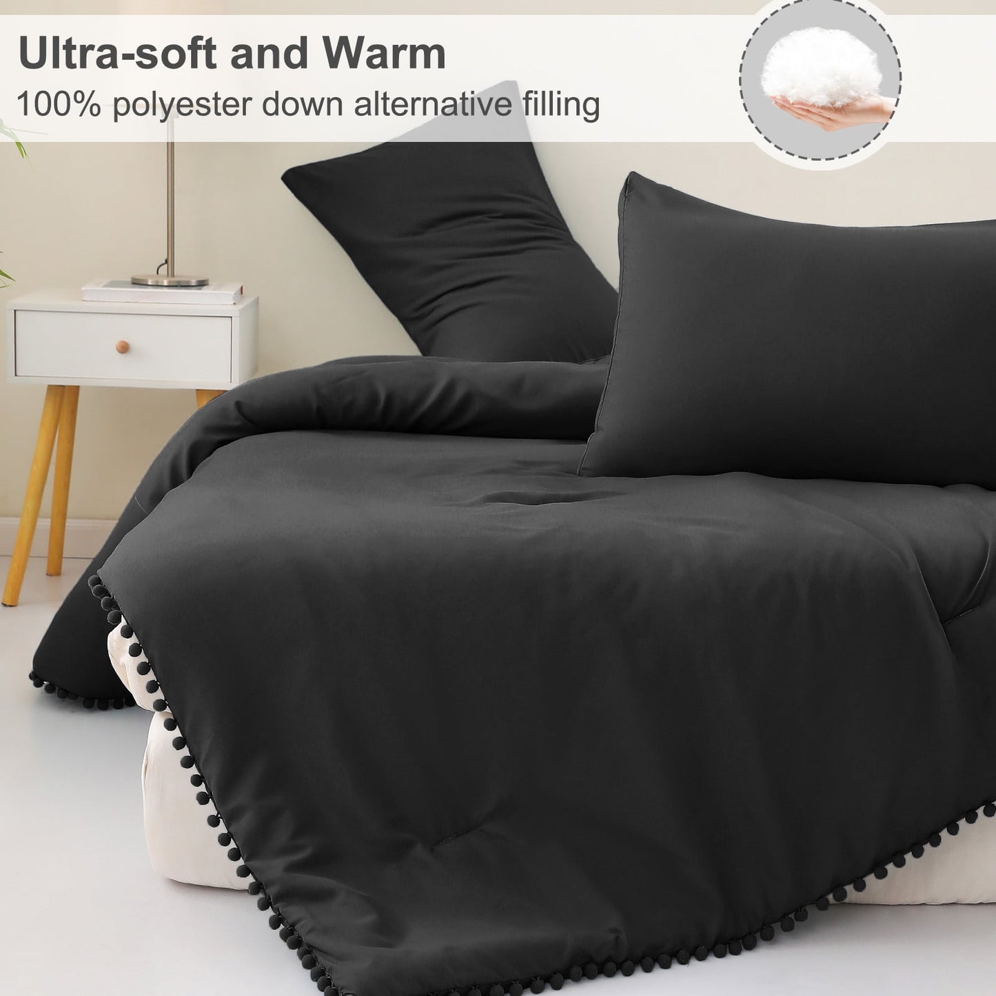 Exclusivo Mezcla Boho Pom Pom Ball Fringe King Size Comforter Set, 3 Piece Black Lightweight Down Alternative Bedding Comforter Sets for All Seasons (1 Comforter and 2 Pillowcases)