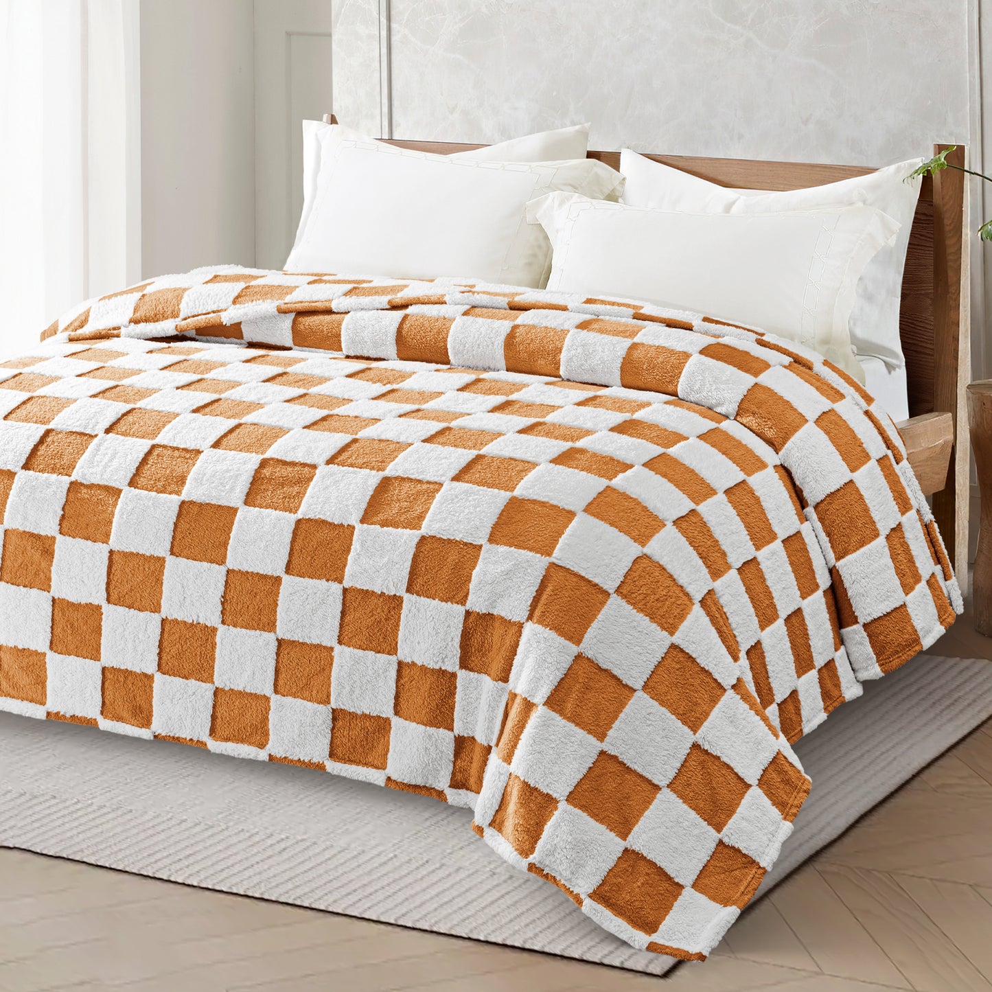 Exclusivo Mezcla Fleece Blanket Twin Size, Cozy Lightweight and Fuzzy Checkered Blankets for Couch or Bed, Suitable for All Season, Coral Orange, 60" x 80"