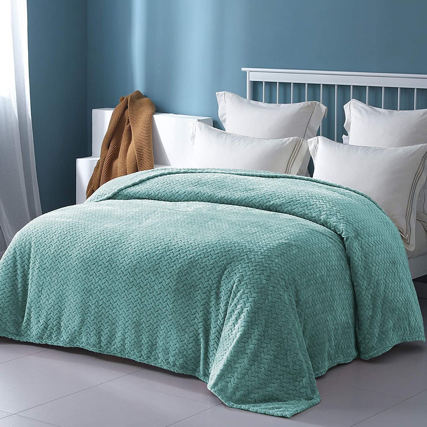 Exclusivo Mezcla Queen Size Jacquard Weave Leaves Pattern Flannel Fleece Velvet Plush Bed Blanket for Couch Bed Sofa (90" x 90", Celadon) - Soft, Lightweight, Warm and Cozy