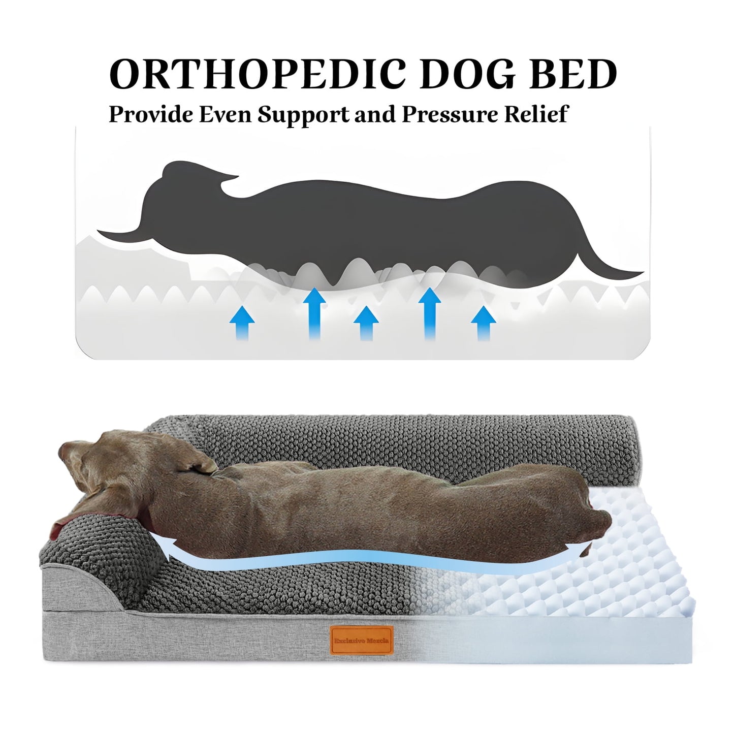 Exclusivo Mezcla Jacquard Orthopedic Pet Bed for Extra Large Dogs, 48"X30" Waterproof L Shaped Dog Bed with Washable Cover, Grey