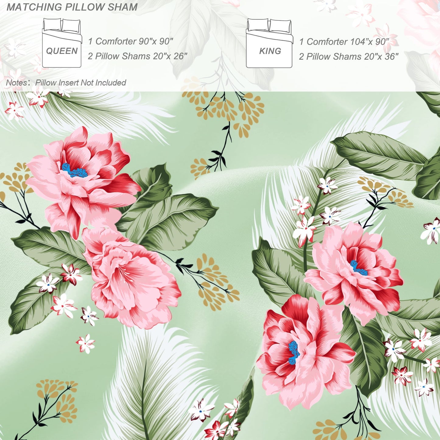 Exclusivo Mezcla 3-Piece Floral King Size Comforter Set, Microfiber Bedding Down Alternative Comforter for All Seasons with 2 Pillow Shams, Pink