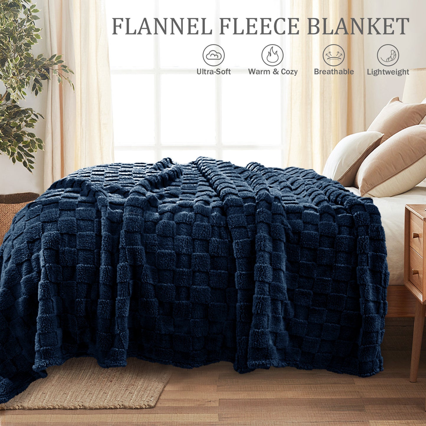 Exclusivo Mezcla Queen Size Flannel Fleece Blanket, Super Soft 3D Checkered Jacquard Bed Blanket, Cozy Fluffy Lightweight Blanket for All Seasons, 90x90 Inches, Navy Blue Blanket