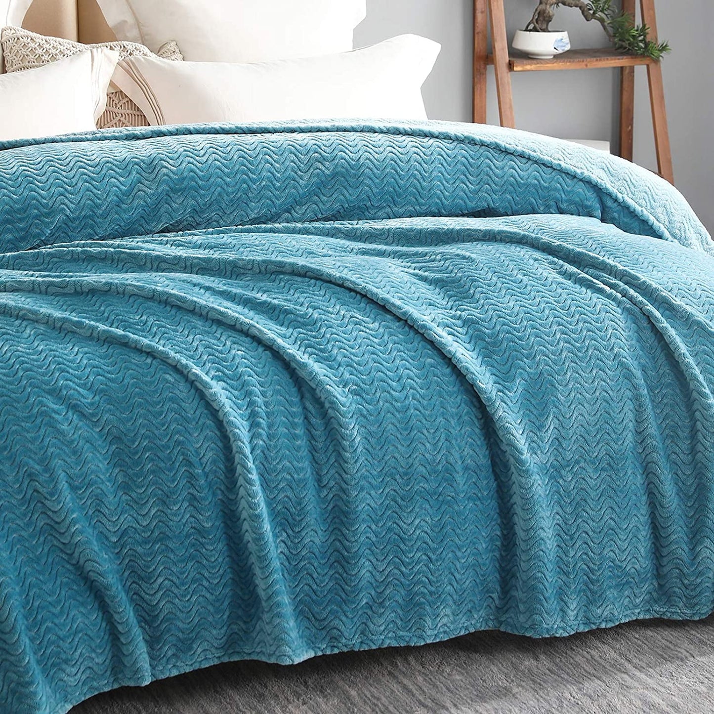 Exclusivo Mezcla Queen Size Jacquard Weave Wave Pattern Flannel Fleece Velvet Plush Bed Blanket as Bedspread/Coverlet/Bed Cover (90" x 90", Slate Blue) - Soft, Lightweight, Warm and Cozy