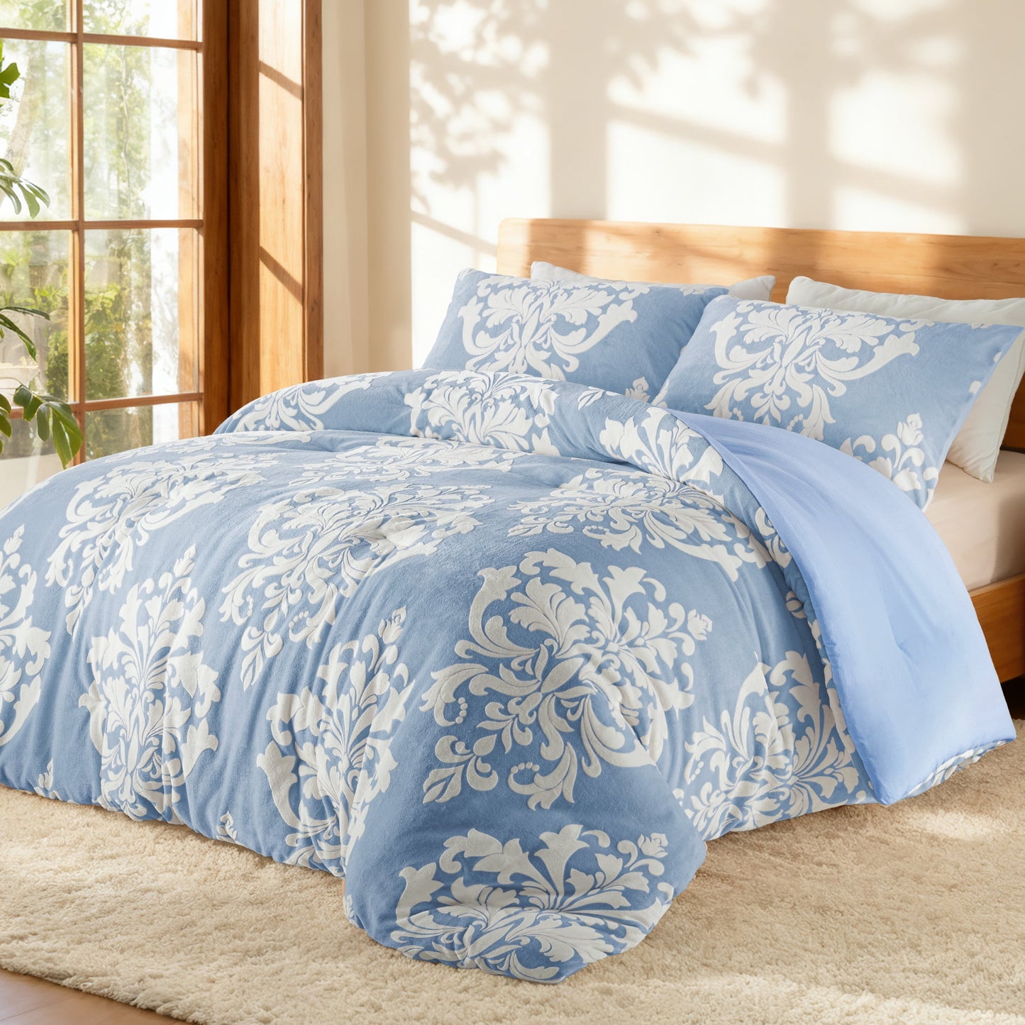 Exclusivo Mezcla Luxury Fuzzy Twin Comforter Set, 2 Pieces Boho Soft Warm Grayish Blue Comforters, Reversible Flannel Fluffy Bedding Comforter Sets for All Seasons