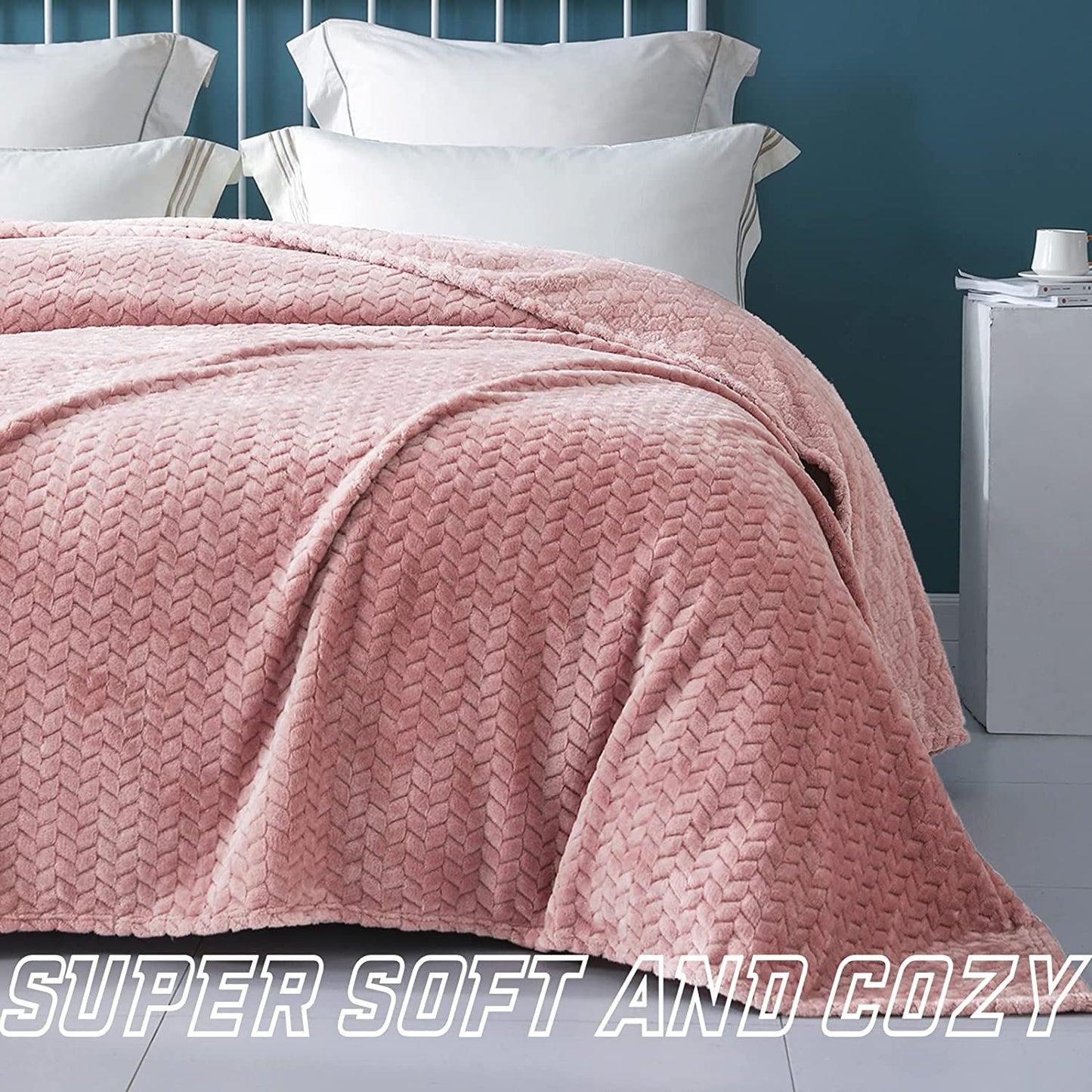 Exclusivo Mezcla Queen Size Jacquard Weave Leaves Pattern Flannel Fleece Velvet Plush Bed Blanket for Couch Bed Sofa (90" x 90", Pink) - Soft, Lightweight, Warm and Cozy