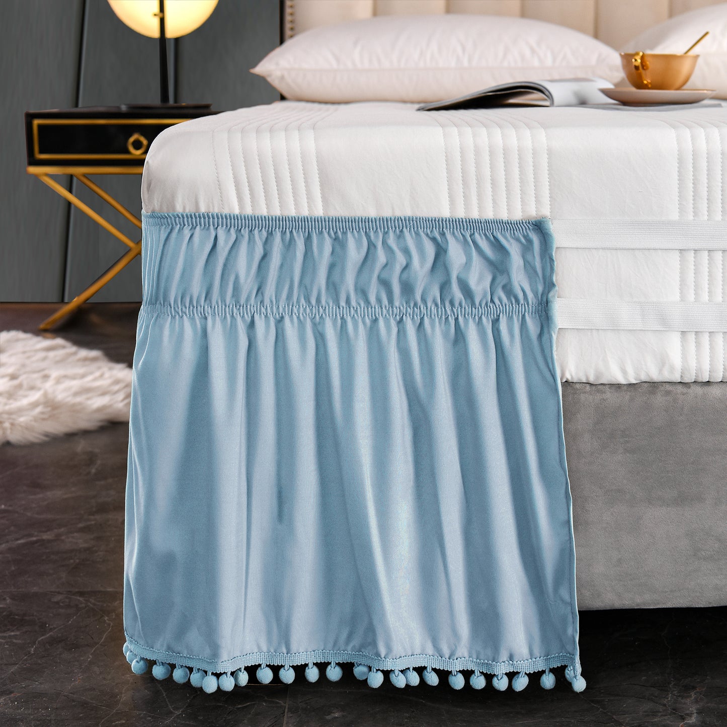 Exclusivo Mezcla Pom Pom Bed Skirt with Adjustable Elastic Belt, Easy Wrap Around Dust Ruffles with 16 Inch Tailored Drop, Wrinkle and Fade Resistant, (Full, Aqua Blue)