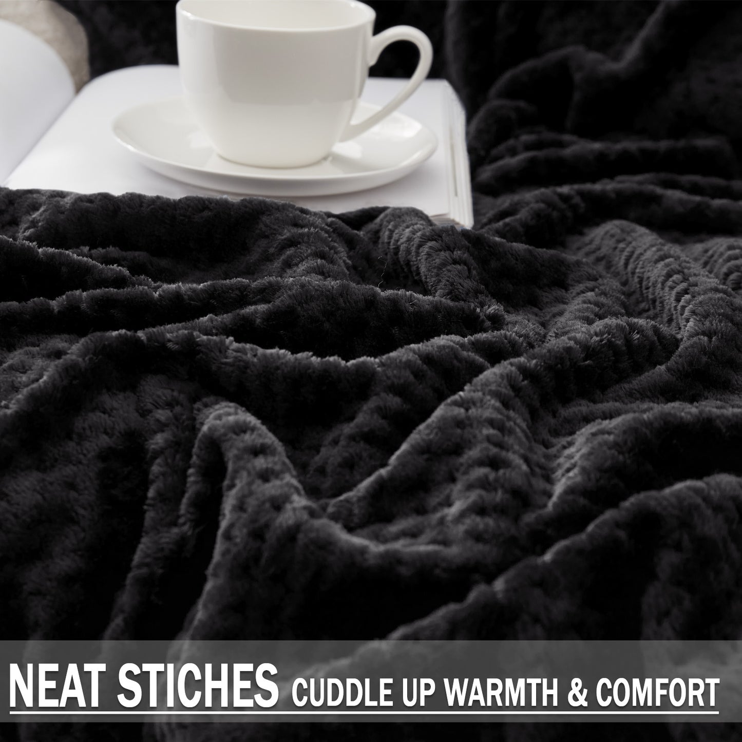 Exclusivo Mezcla Waffle Textured Soft Fleece Blanket, King Size Bed Blanket, Cozy Warm and Lightweight (Black, 90x104 inches)