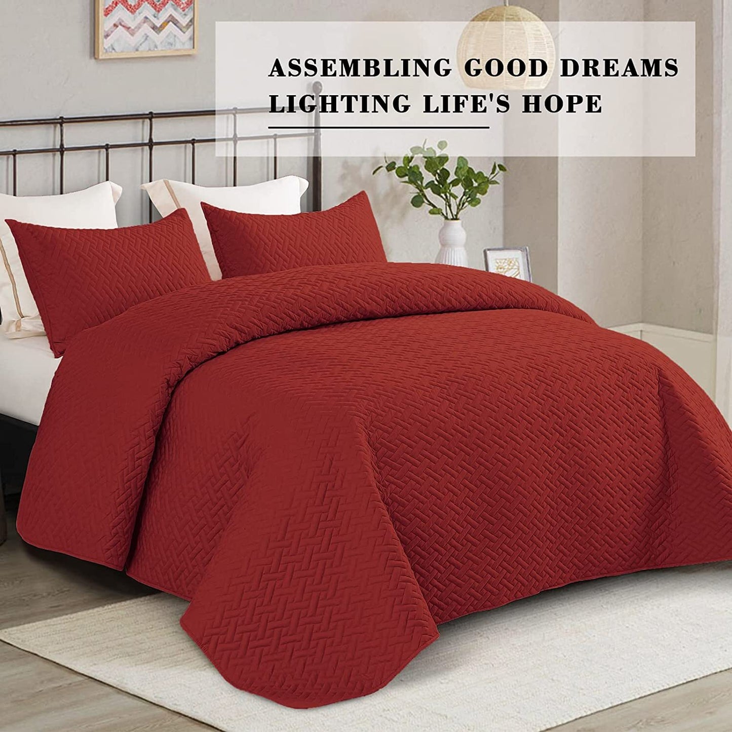 Exclusivo Mezcla 3-Piece King Size Quilt Set with Pillow Shams, Basket Quilted Bedspread/Coverlet/Bed Cover(96x104 Inches, Red) -Soft, Lightweight and Reversible