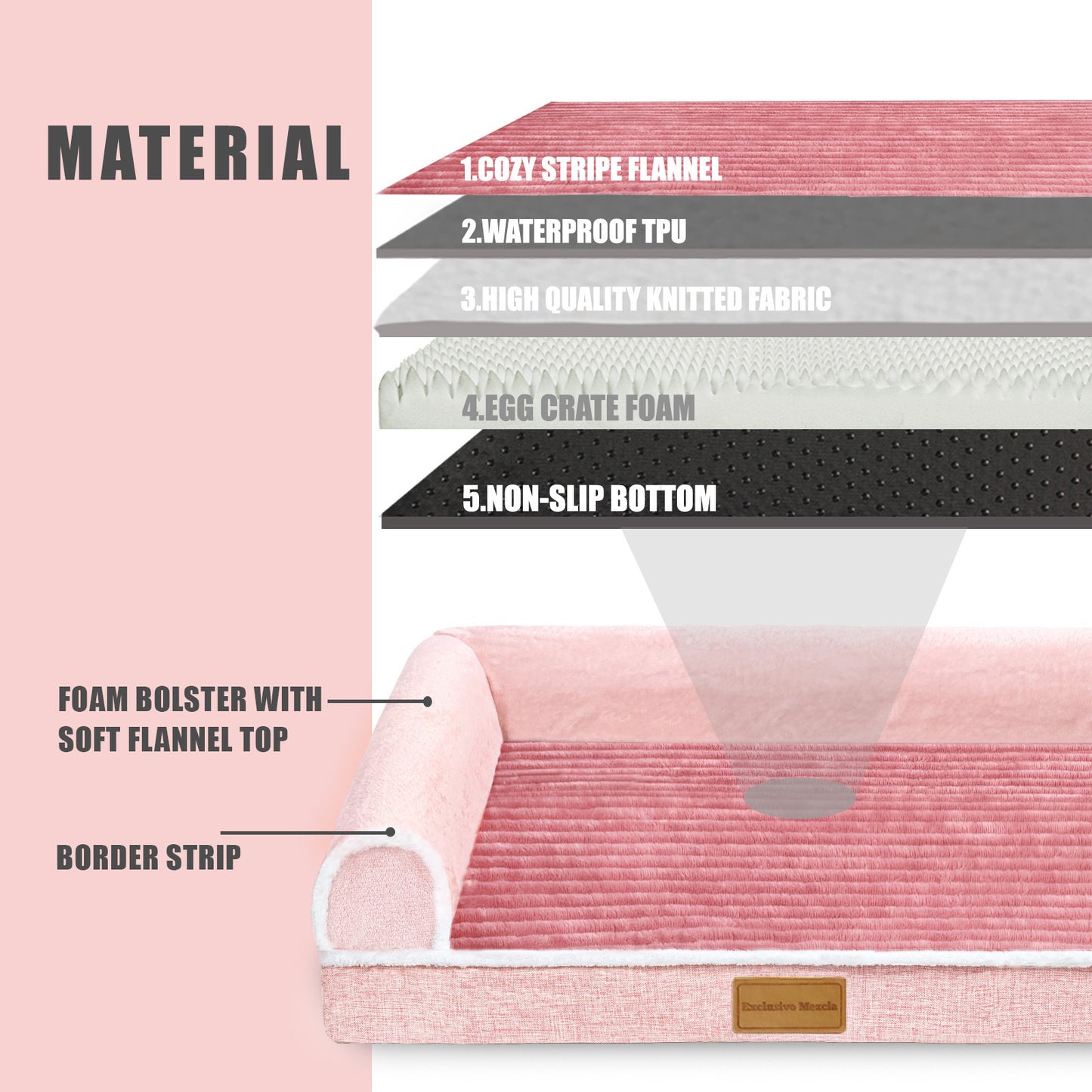 Exclusivo Mezcla Orthopedic Pet Bed for Extra Large Dogs, 48"X30" Waterproof L Shaped Sofa Dog Bed, Pink