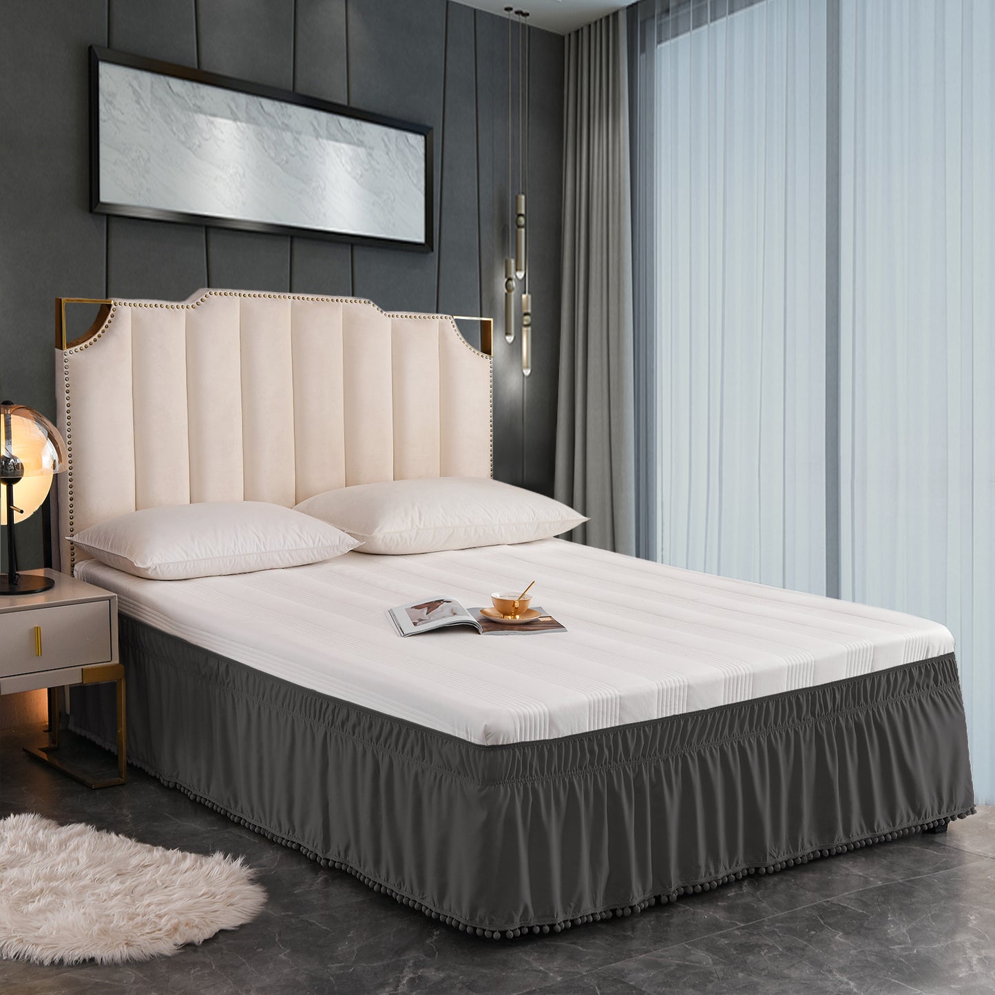 Exclusivo Mezcla Pom Pom Bed Skirt with Adjustable Elastic Belt, Easy Wrap Around Dust Ruffles with 16 Inch Tailored Drop, Wrinkle and Fade Resistant, (Full, Grey)