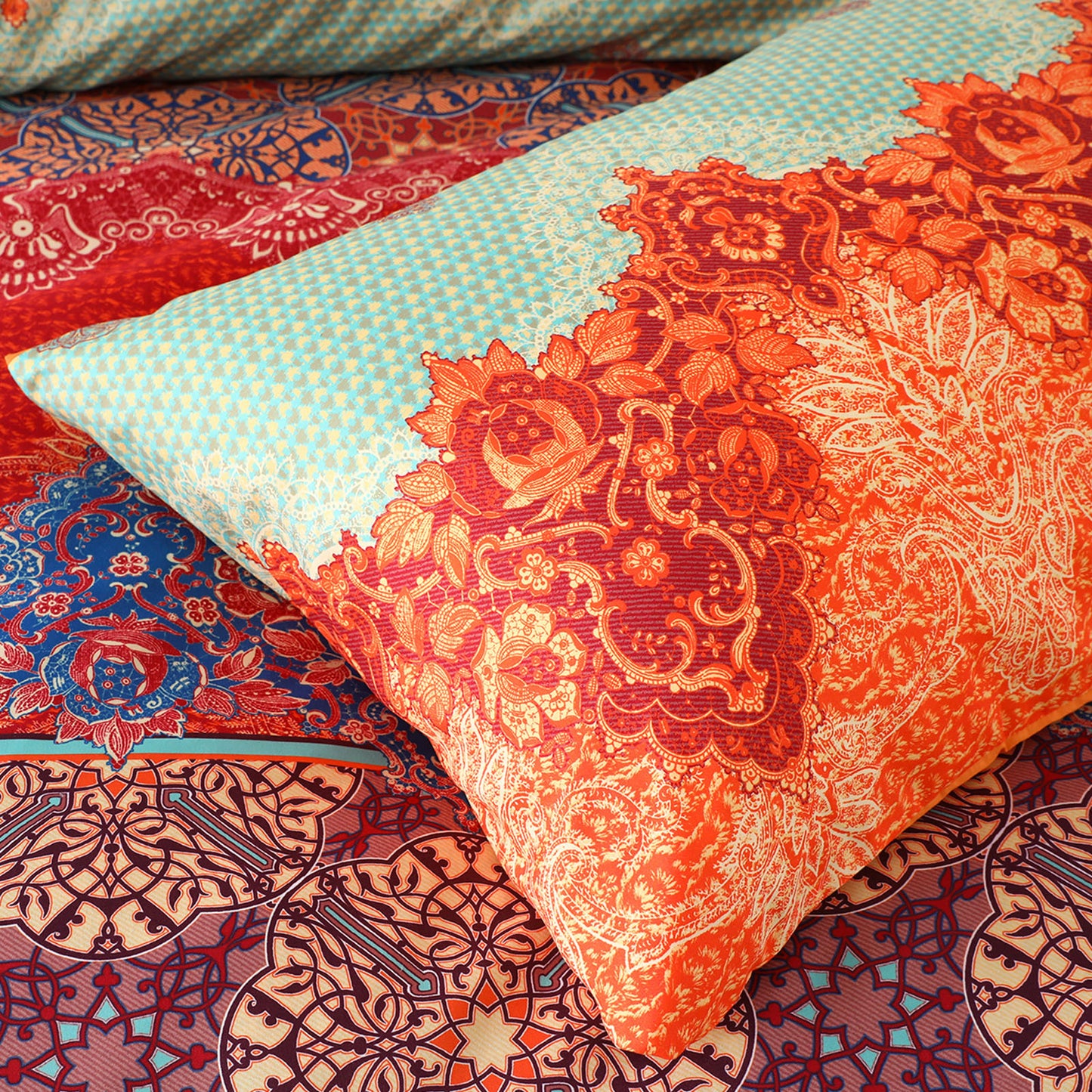 Exclusivo Mezcla Boho Bedding Duvet Cover Set, 3 Pieces Lightweight Comforter Cover with Pillow Shams (Twin Size,Orange and Blue)
