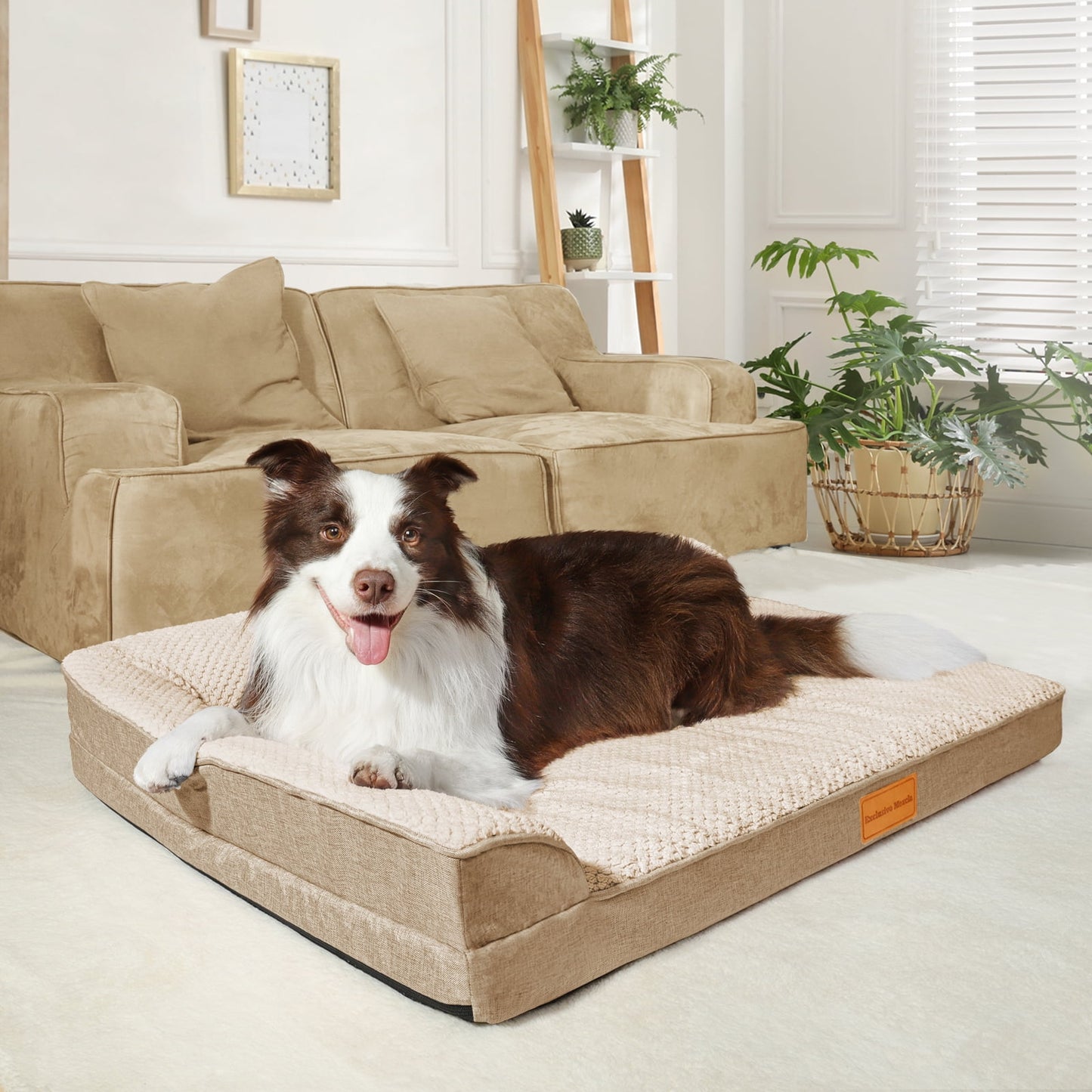 Exclusivo Mezcla Jacquard Orthopedic Pet Bed for Median Dogs, 36"X24" Waterproof L Shaped Dog Bed with Washable Cover, Ivory
